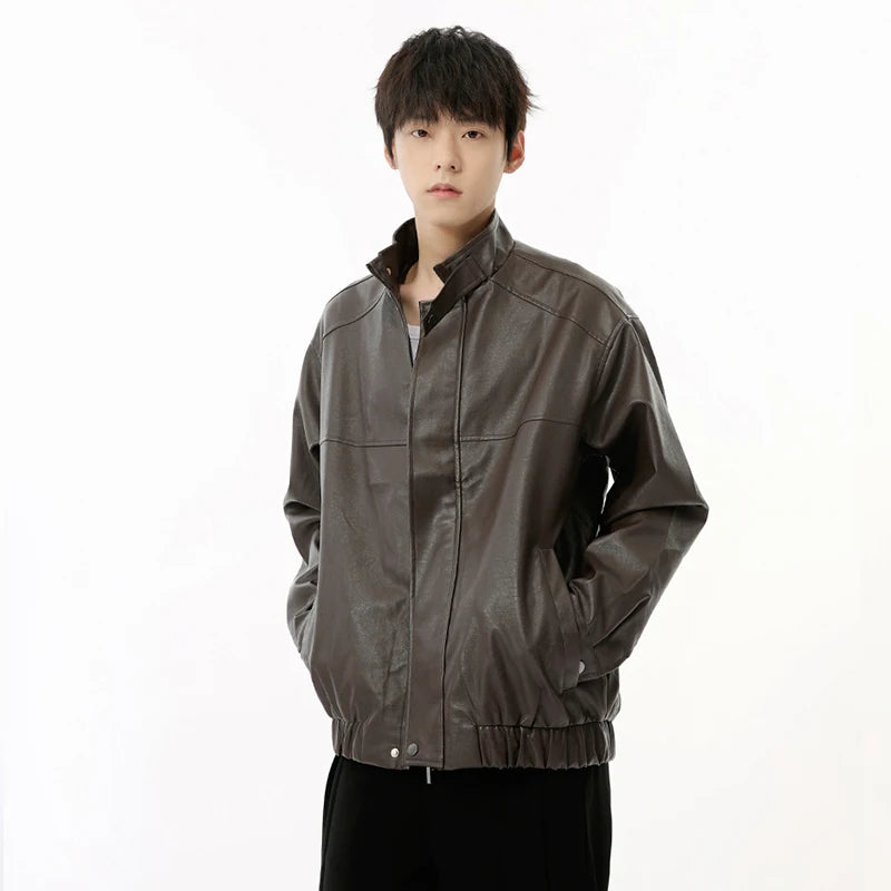 Men's PU Leather Jacket - American Style Casual Stand Collar Zipper Coat | Solid Color Loose Fit Male Outerwear | Perfect for Streetwear, Night Out & Fall Fashion
