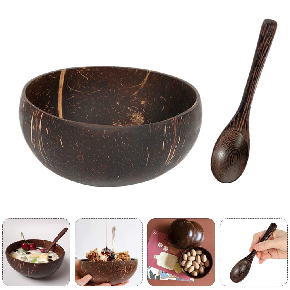 DOITOOL Wooden Salad Bowl Set with Spoon - Kitchen & Breakfast Serving Bowls for Nuts, Smoothie, Decor