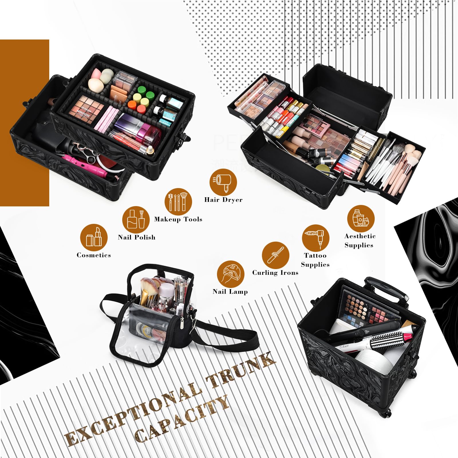 Stagiant 4-in-1 Rolling Makeup Case with Cosmetic Bag & Swivel Wheels - Professional Salon Barber Travel Cart Trolley (Alpine Black) for Mobile Beauty Services, Makeup Artists & Cosmetologists