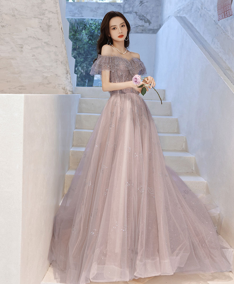 Elegant A-Line Tulle Lace Off-Shoulder Long Prom Dress for Formal Events - Perfect for Homecoming, Wedding Guest & Evening Gala