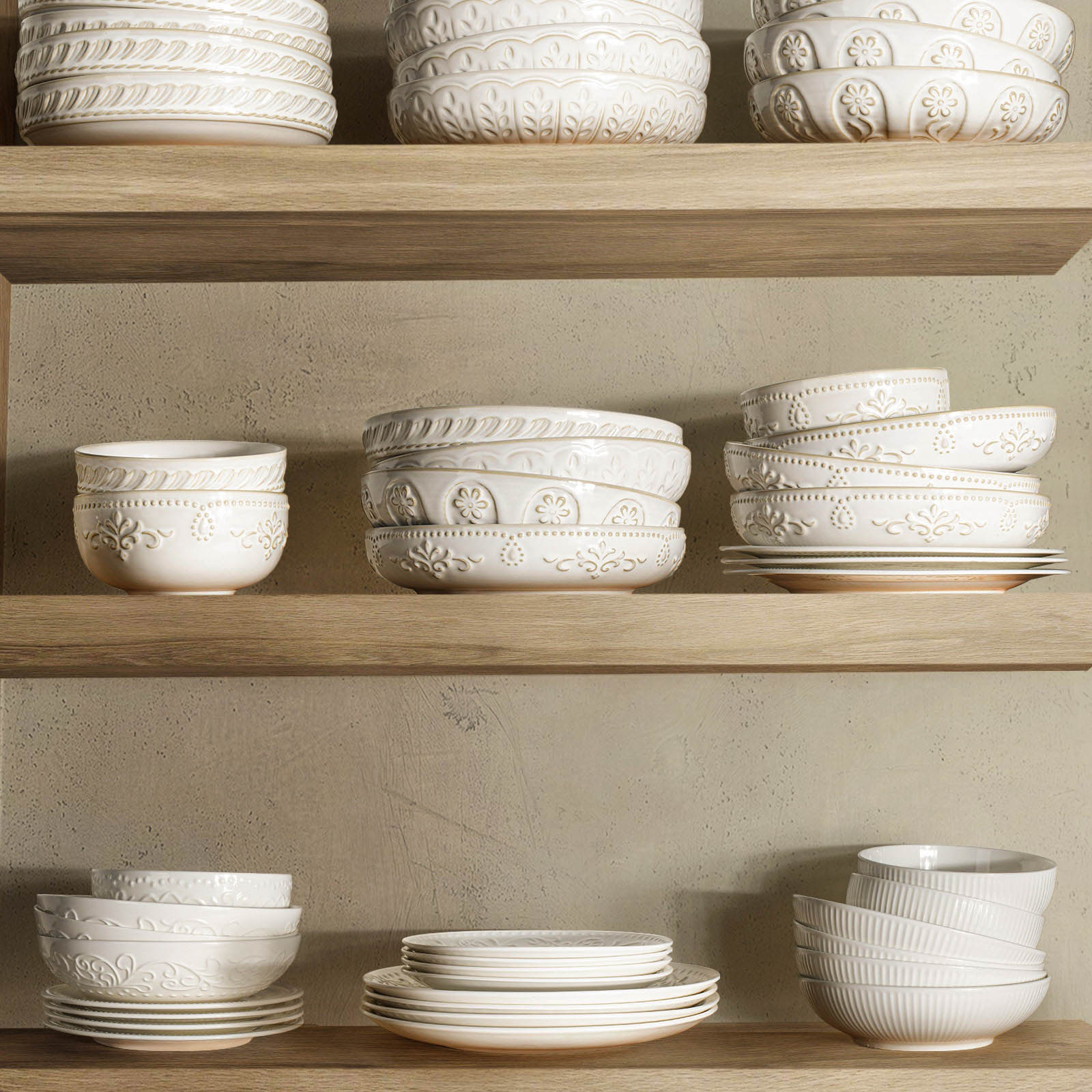 Artena Pasta Bowls Set of 4 - 50oz Large White Ceramic Salad & Soup Bowls - 9.75'' Embossed Shallow Dinner Plates - Microwave & Dishwasher Safe - Floral Damask Design - Perfect for Family Dinners, Entertaining Guests & Restaurant-Style Serving