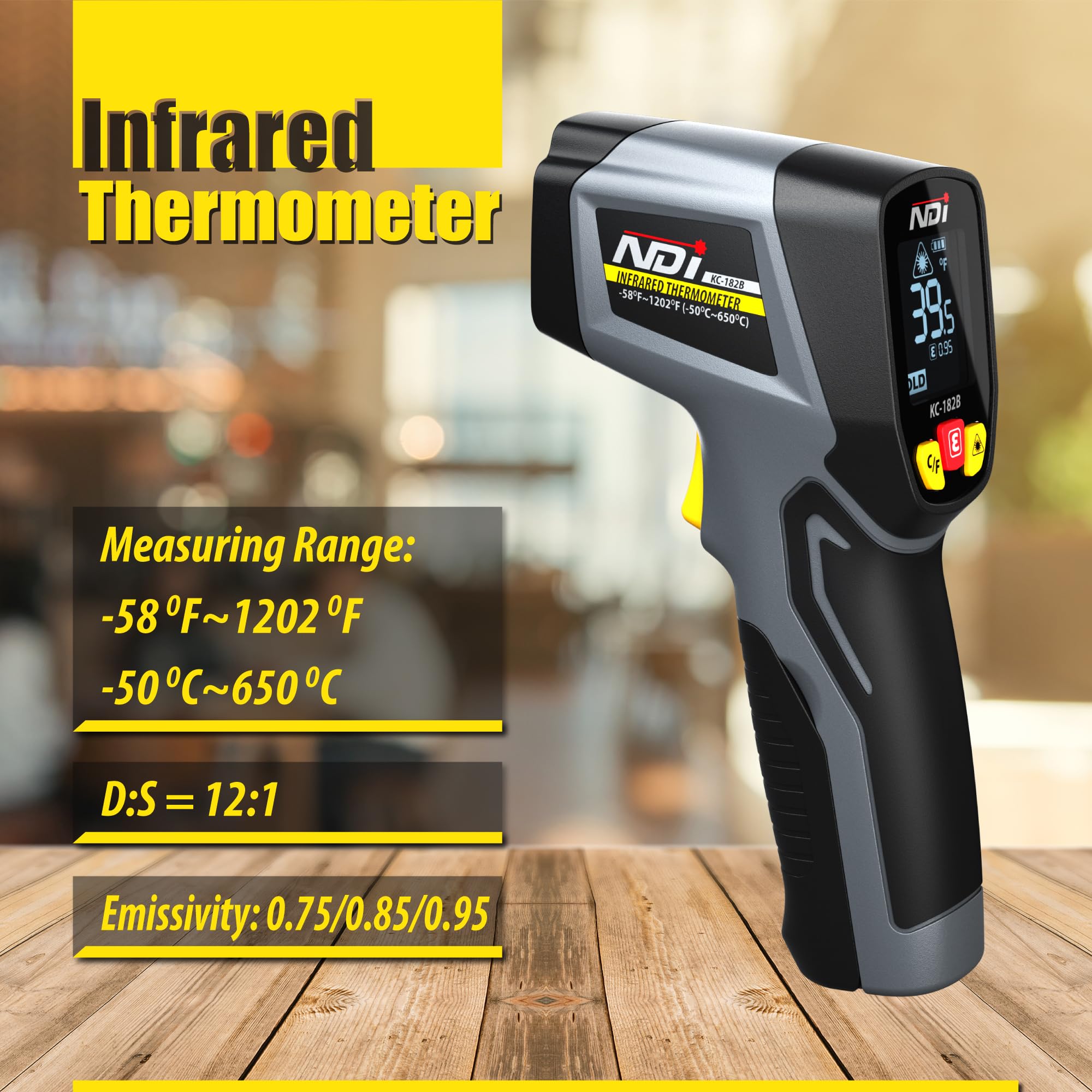 NDI Infrared Thermometer Gun -58°F to 1202°F, Digital Laser Temperature Reader with Adjustable Emissivity for Cooking, HVAC, Pizza Oven, Candy Making & Grilling - Perfect for Home Kitchen, Industrial Use & Food Safety Checks