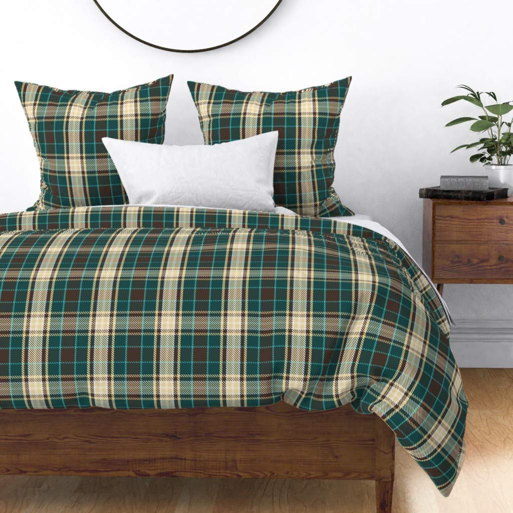 Custom Alpine Plaid Rustic Cabin Duvet Cover - King/California King Size Cotton Sateen Bedding Set | Blue Green Tartan Masculine Cream Print for Cozy Cabin Retreat & Lodge Style Bedroom Decor