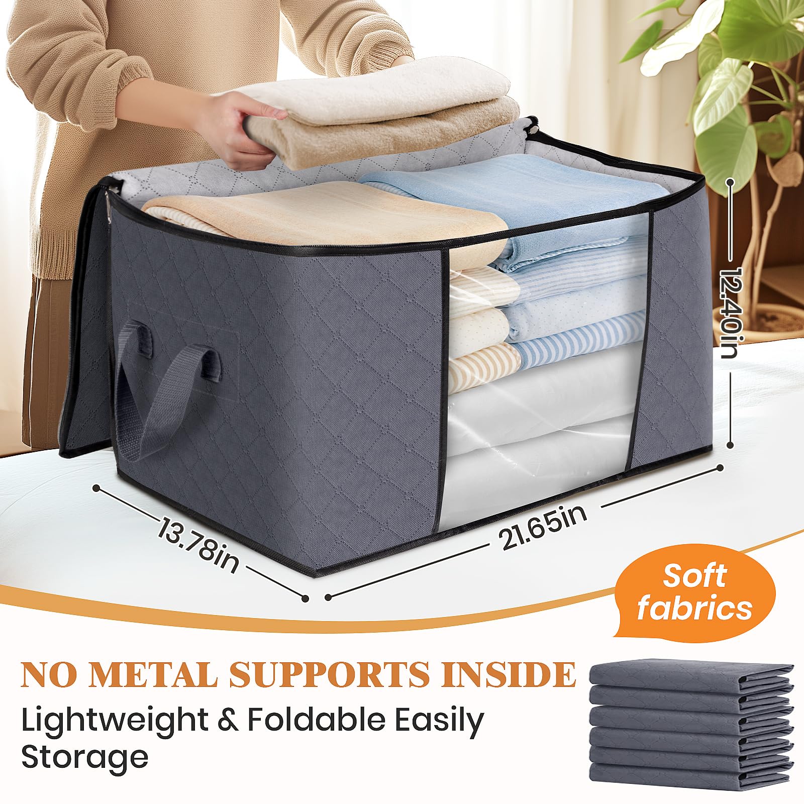 2-Pack Stackable Storage Bins with Lids - Grey Totes for Closet & Bedroom Organization