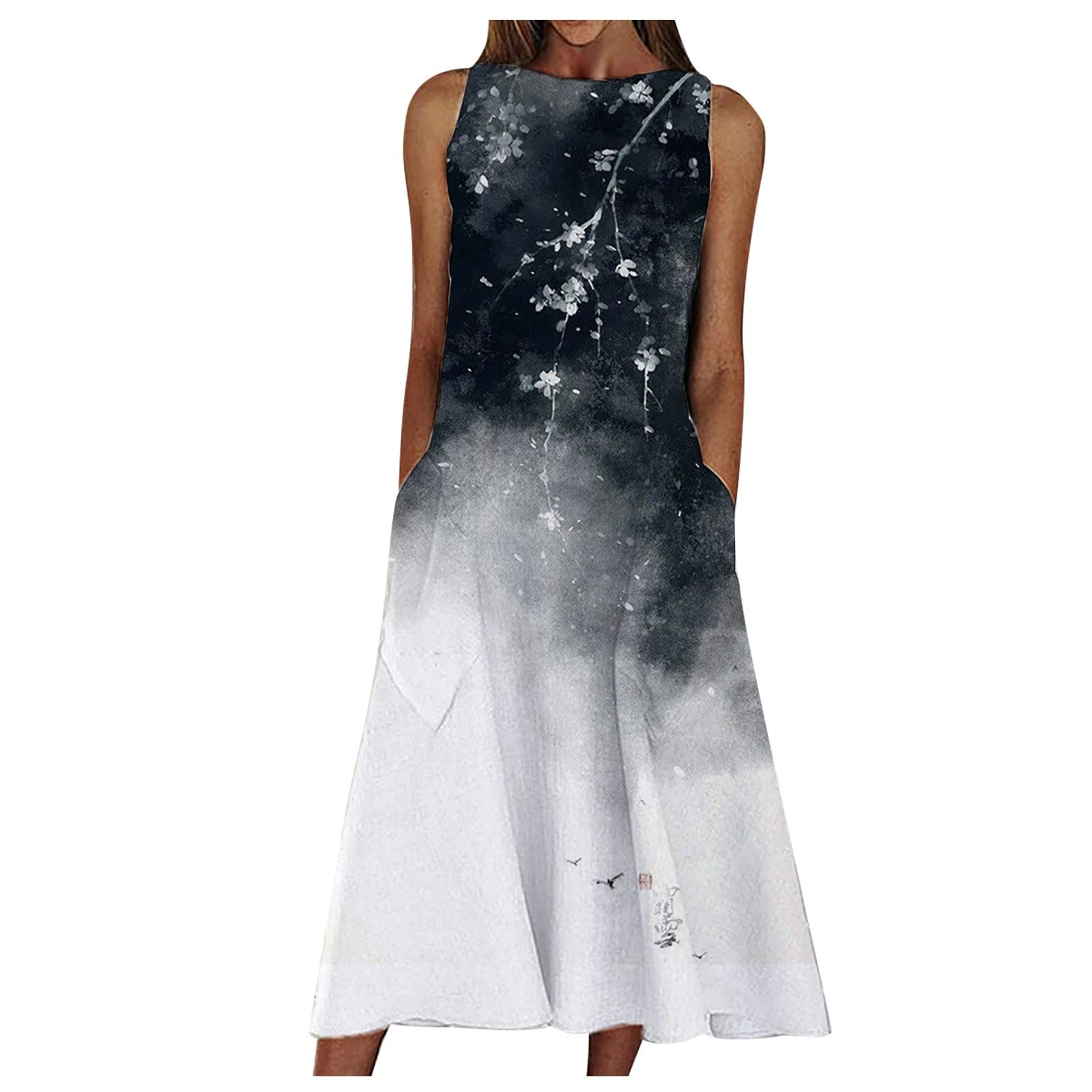 XHJUN Women's Plus Size Summer Mini & Maxi Dress - Floral Printed Round Neck Sleeveless Pullover Loose Dress for Casual Wear, Beach Vacation & Date Night