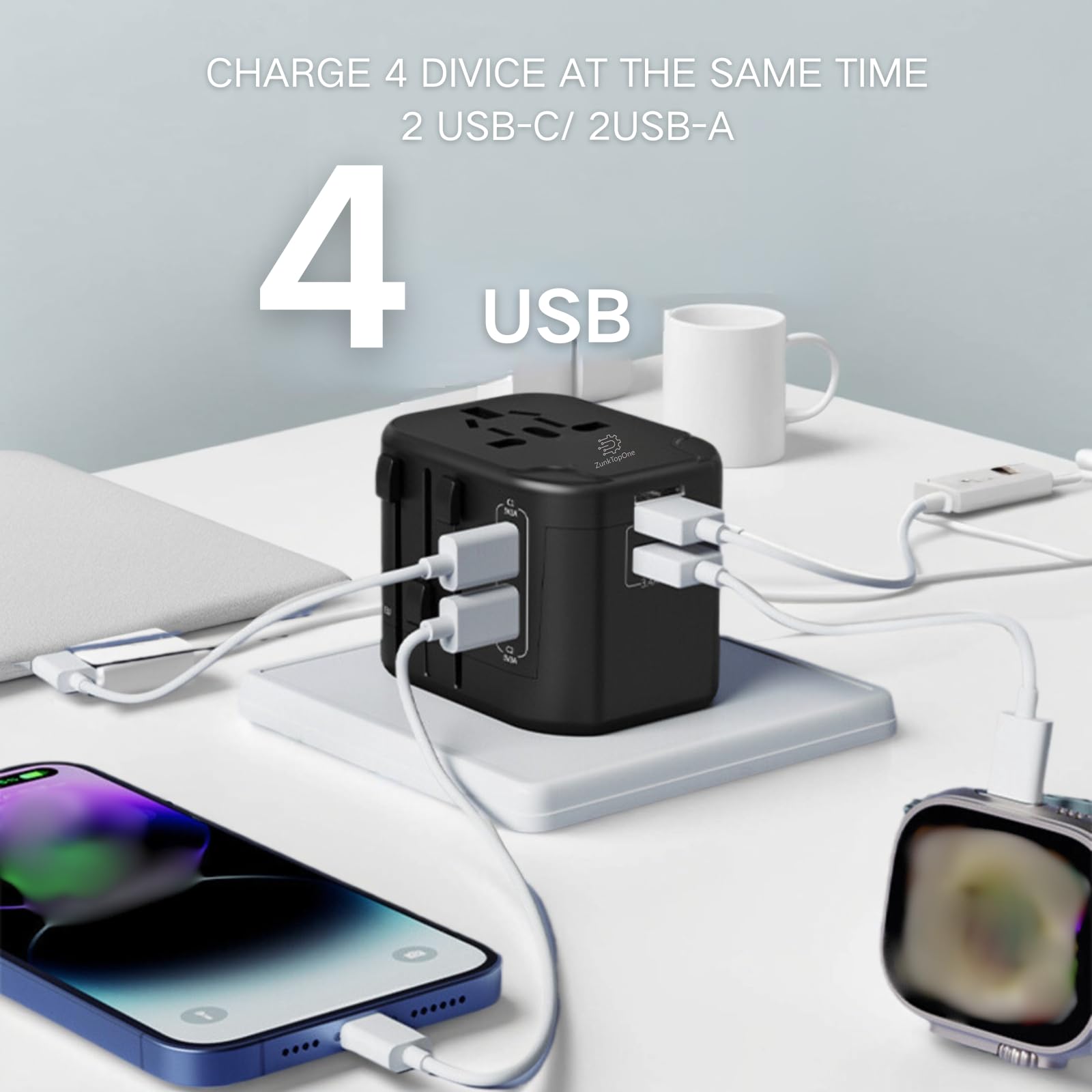 Universal Travel Adapter with 2 USB-C & 2 USB-A Ports - Perfect Gift for Couples, Girlfriend, Boyfriend, Wife, Husband - Funny White Elephant Get Well Soon Gifts for Mom, Men, Teens & Adults - Ideal for Travel, Home, Office & Daily Charging Needs