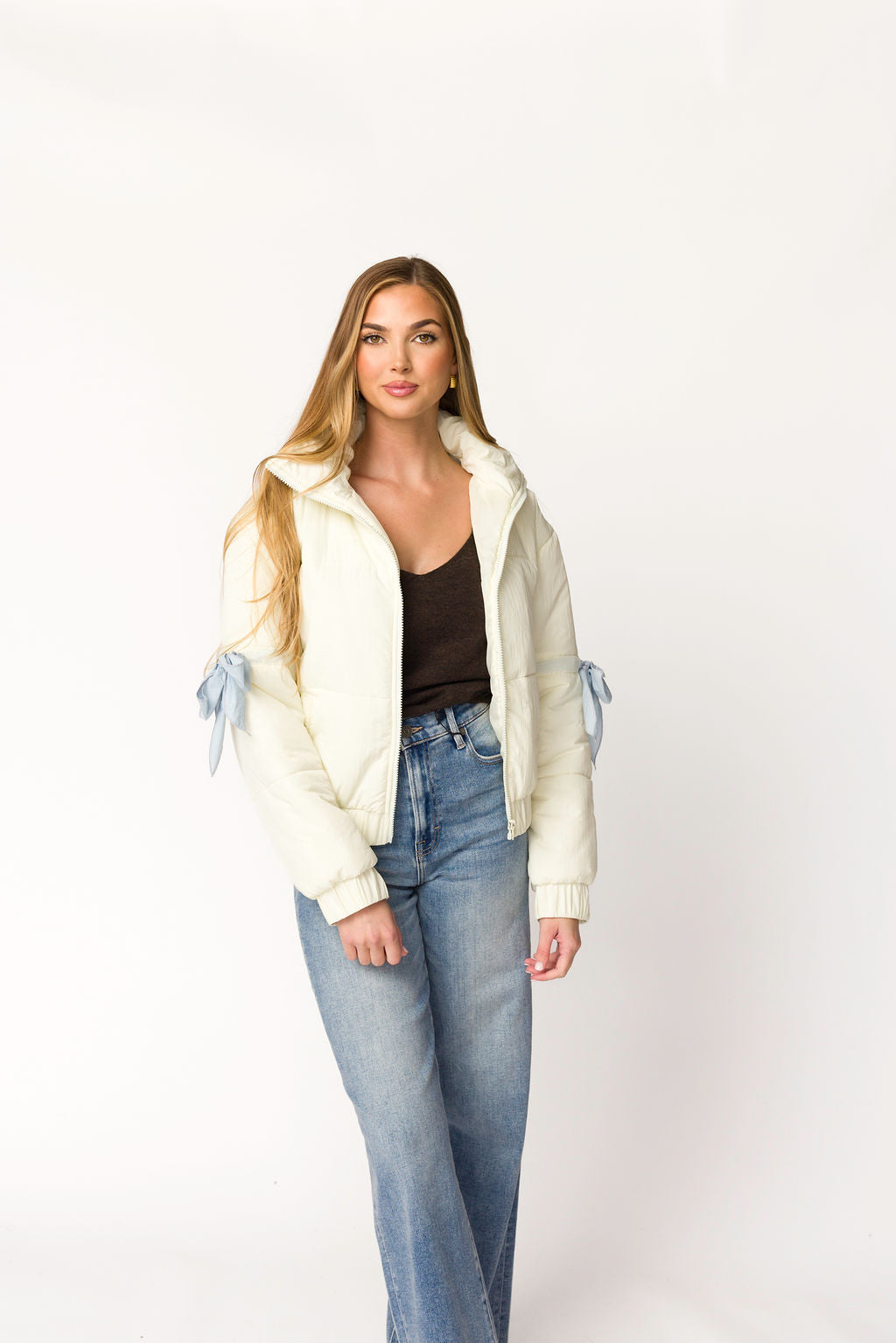 Andy Bow Cropped Puffer Jacket Women's Winter Coat - Lightweight Quilted Stand Collar Short Jacket in Bone White | Fashion Outerwear for Casual Outings, Street Style & Cold Weather