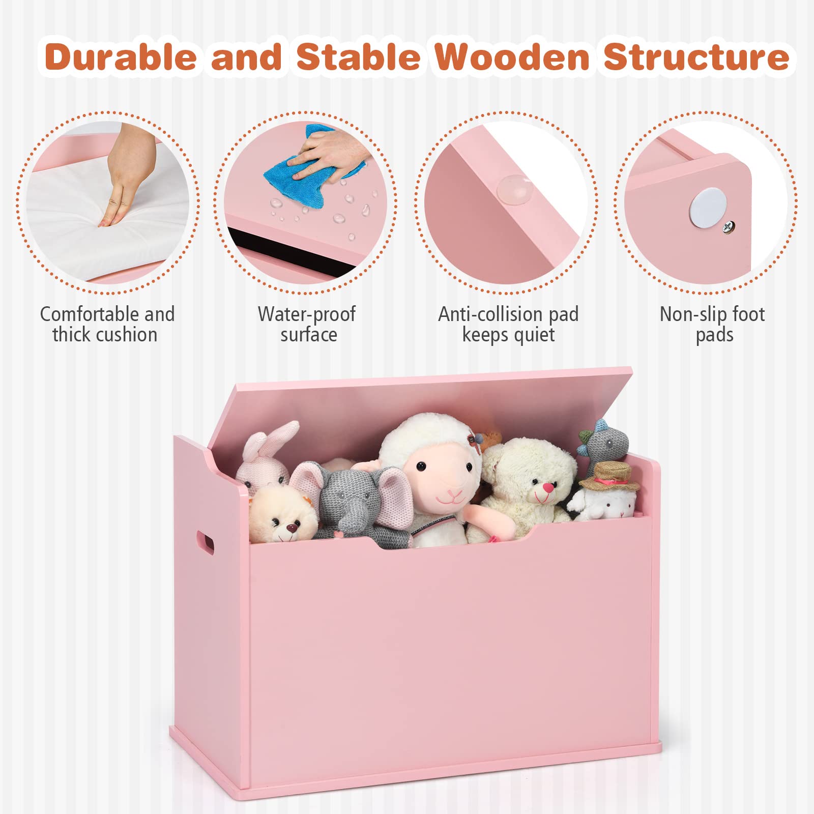 Costzon Kids Wooden Toy Storage Chest with Bench Seat - Safe Finger-Pinch Prevention Lift-Top Design, Multi-Functional Toy Box Organizer for Bedroom, Playroom & Nursery - Pink (Perfect for Toy Storage, Kids Room Decor & Entryway Seating)