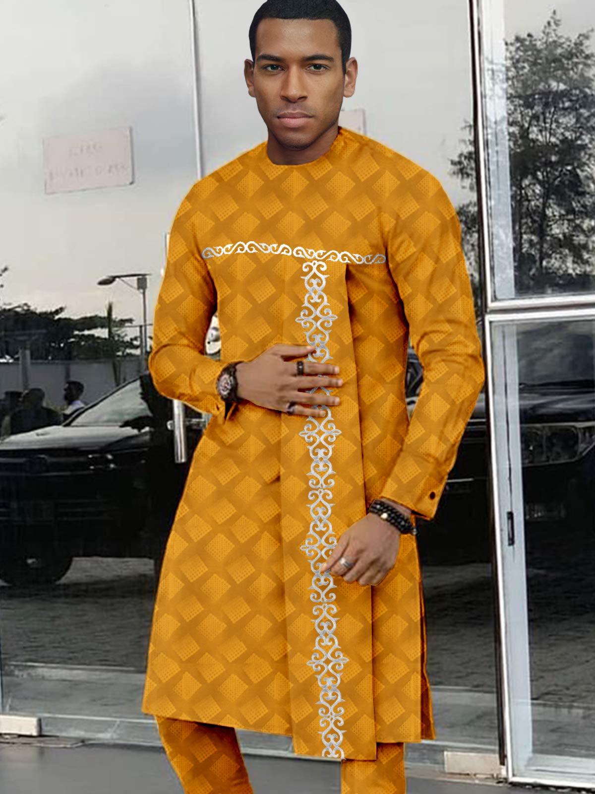 Bazin Riche African Traditional Clothing Set for Men | Dashiki Print Long Coat & Ankara Pants 2-Piece Outfit | Perfect for Weddings, Cultural Events & Special Occasions
