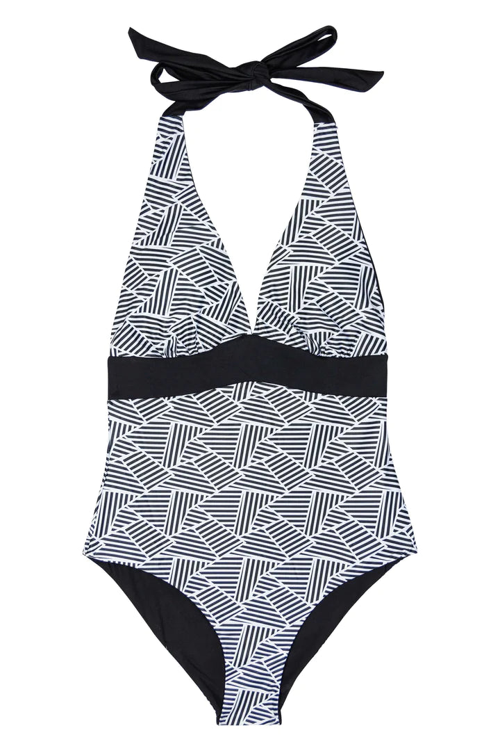 Almeria Reversible Halter One Piece Swimsuit - Black/Tile Print | Stylish Beachwear for Pool, Vacation & Summer Outings