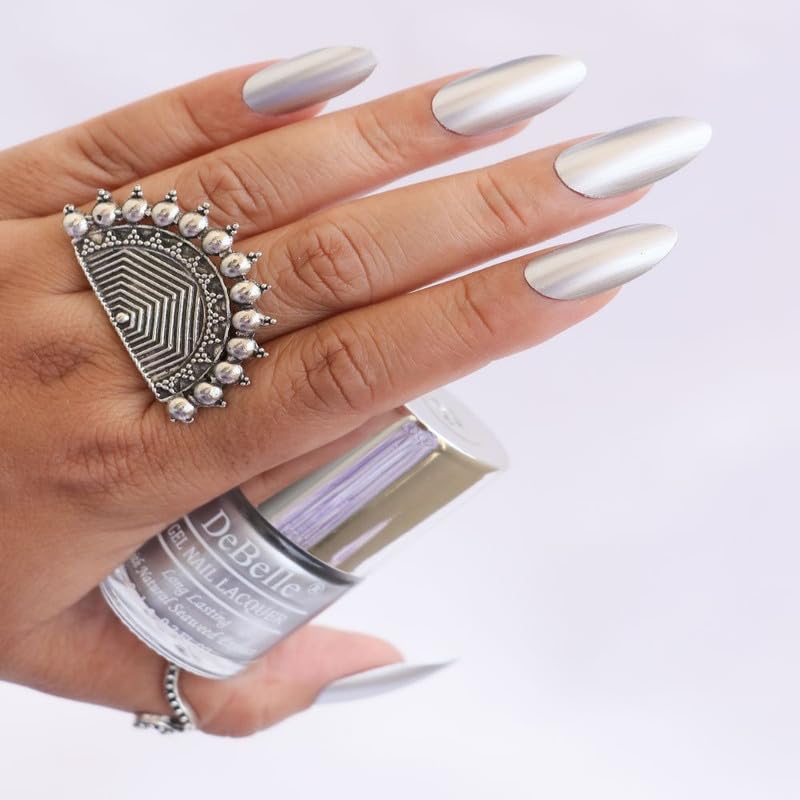Debelle Chrome Silver Gel Nail Polish - Metallic Silver Nail Paint with Long Lasting Chip Resistant Formula | Non-UV Gel Finish | Seaweed Enriched & Cruelty-Free | 8ml Bottle | Perfect for Salon Quality Manicures, Nail Art Designs & Special Occasions