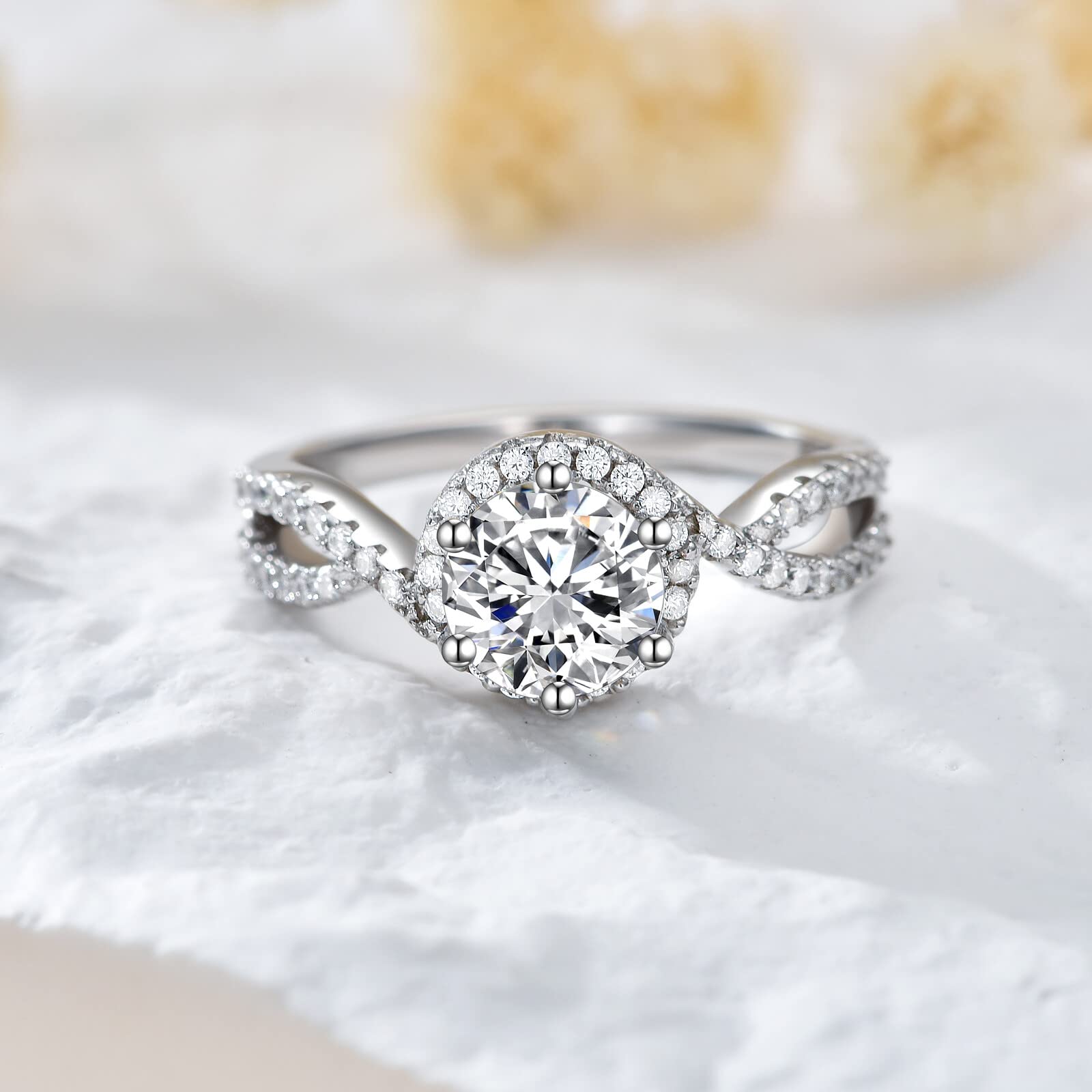 1.0 CT Twisted Halo Moissanite Engagement Ring for Women - Platinum Plated Silver Wedding Band, Proposal & Anniversary Gift (Perfect for Valentine's Day, Christmas & Special Occasions)