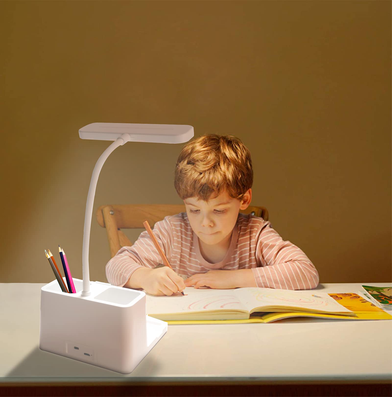 USB Rechargeable LED Desk Lamp with Flexible Gooseneck - 3 Color Modes & Stepless Dimming, Eye-Caring Study Light with Pen & Phone Holder for Home & Office - Perfect for Reading, Working, and Nighttime Studying