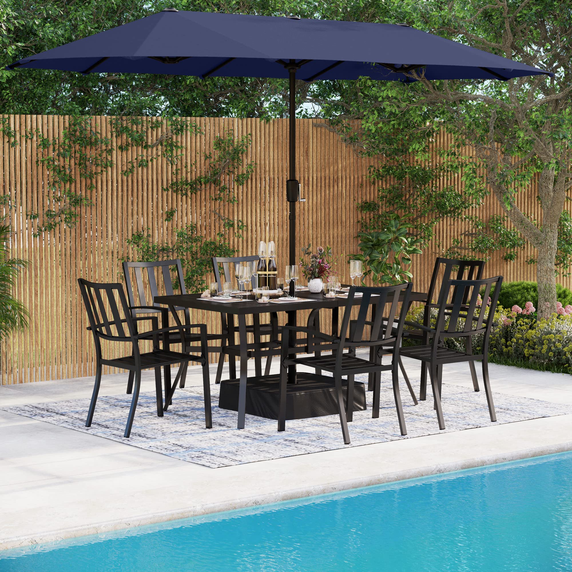 MFSTUDIO 8-Piece Outdoor Dining Set with 6 Steel Slat Chairs, Rectangular Metal Table & 13ft Double-Sided Umbrella (Navy Blue) - Perfect for Backyard BBQs, Poolside Gatherings & Garden Parties (Base Not Included)