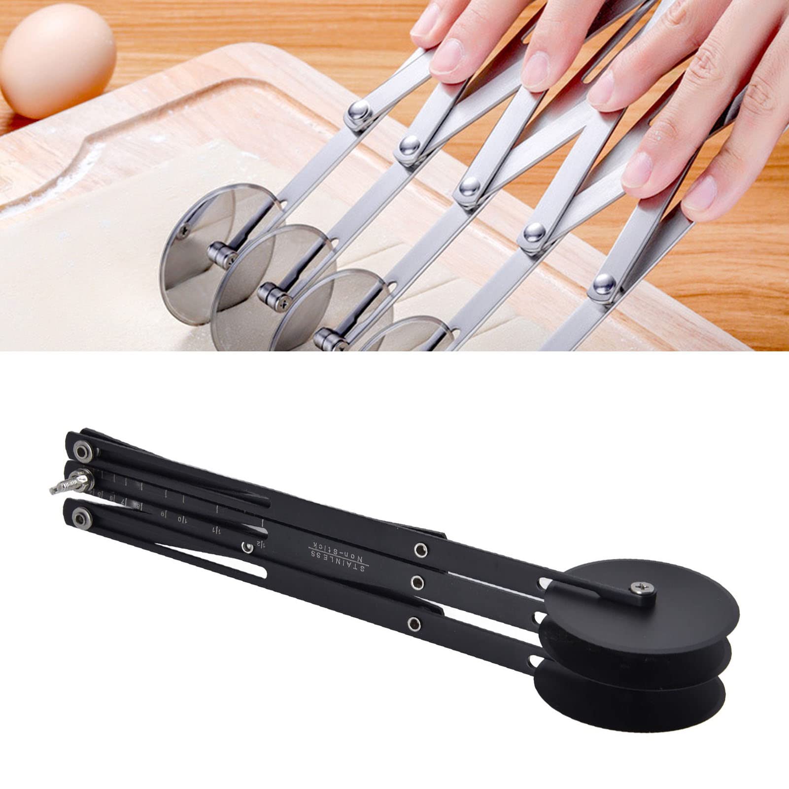 3-Wheel Stainless Steel Pizza & Pastry Cutter - Adjustable Dough Roller for Precise Cutting | Non-Stick Black Design | Perfect for Baking Pies, Pasta & Homemade Pizza Dough