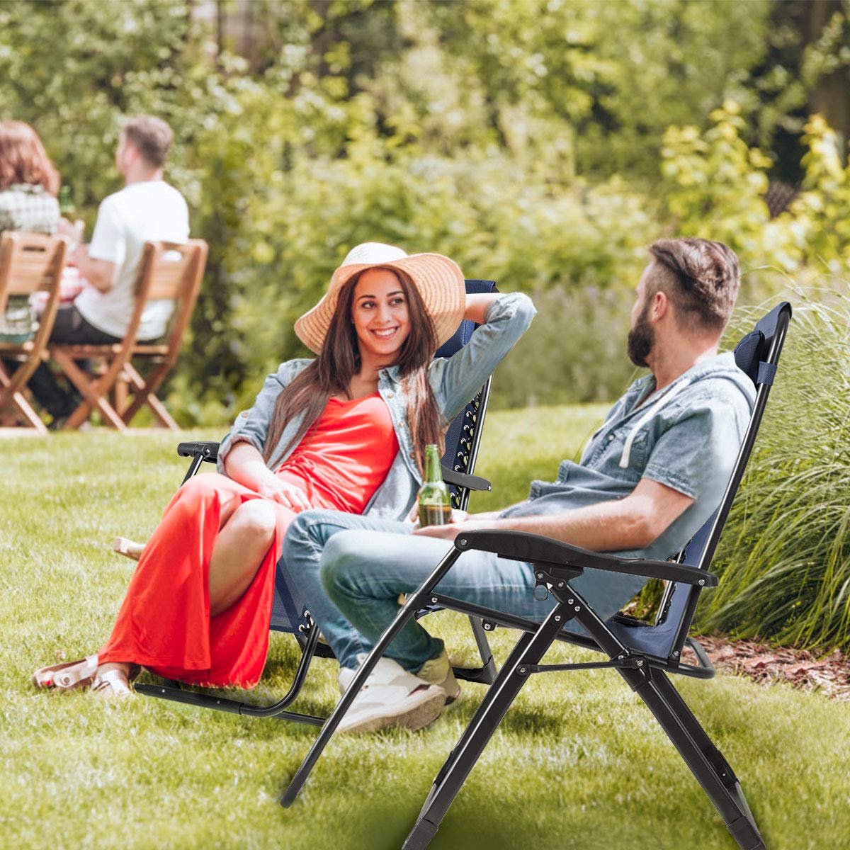 SAFSTAR Zero Gravity Chair Set of 2 - Heavy Duty 500lbs Capacity Reclining Lounge Chairs with Cup Holder & Detachable Pillow, Adjustable Folding Outdoor Patio Chairs for Backyard, Beach, Camping, Poolside Relaxation (Navy Blue)
