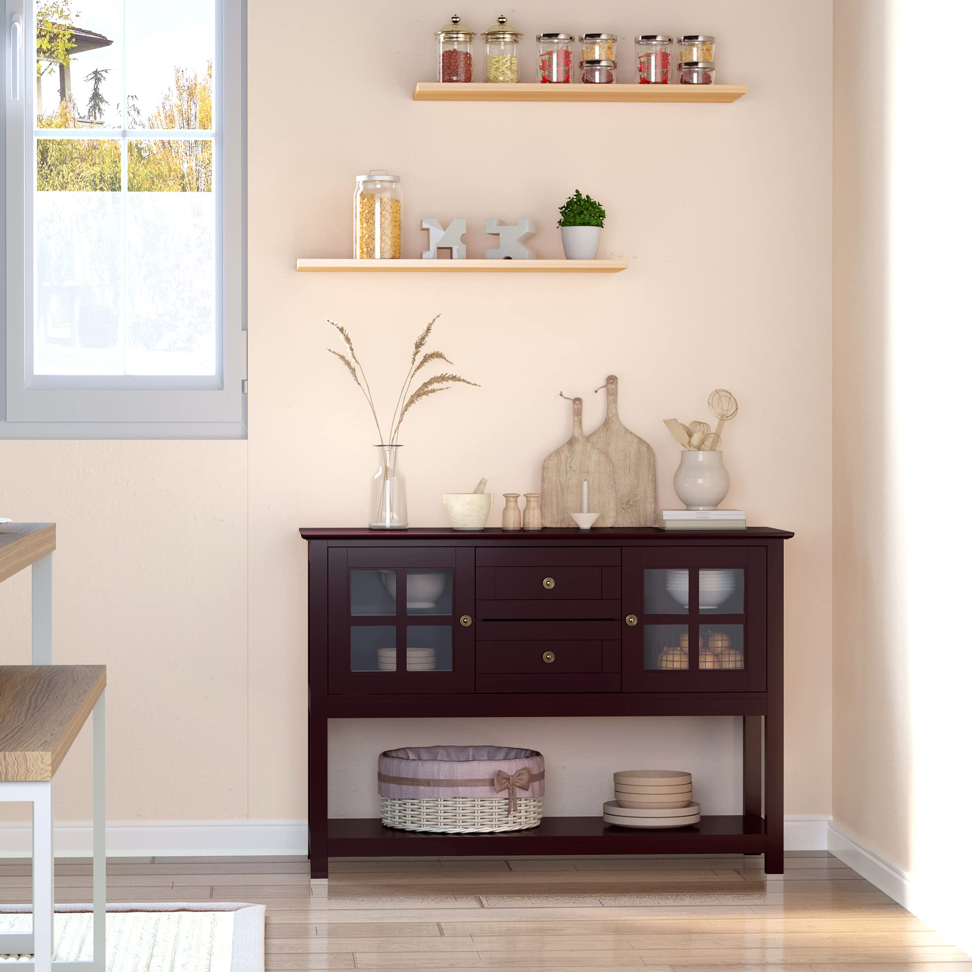 HOMCOM Coffee Bar Cabinet with Adjustable Shelves, Glass Doors & 2 Drawers - Kitchen Buffet Sideboard for Living Room, Espresso Bar & Dining Room Storage