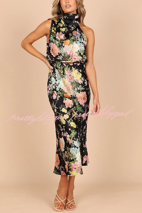 Floral Halter Neck Maxi Dress with Elastic Waist - Perfect for Wine Country Dates, Summer Weddings & Beach Vacations