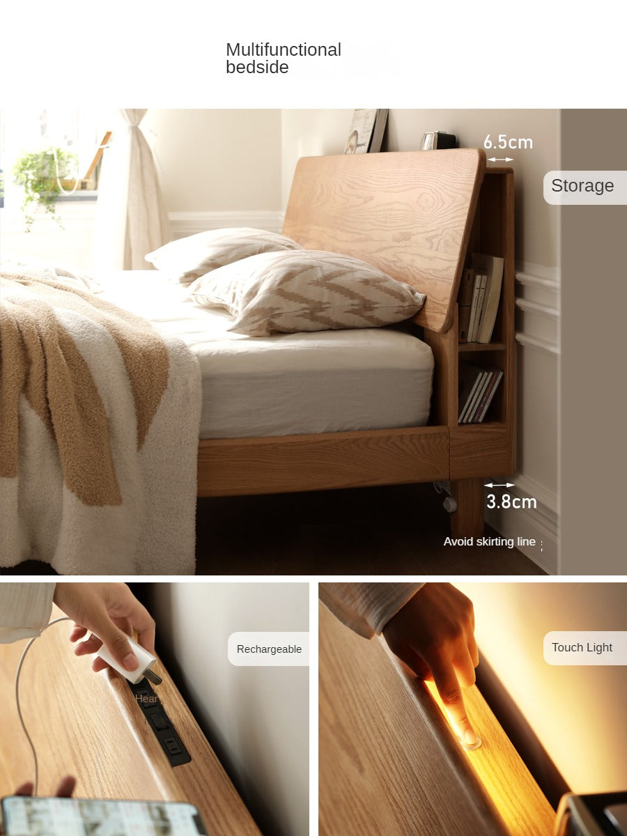 Solid Oak Wood Platform Bed with Bookshelf Headboard - Modern Bedroom Furniture for Small Spaces & Cozy Reading Nook