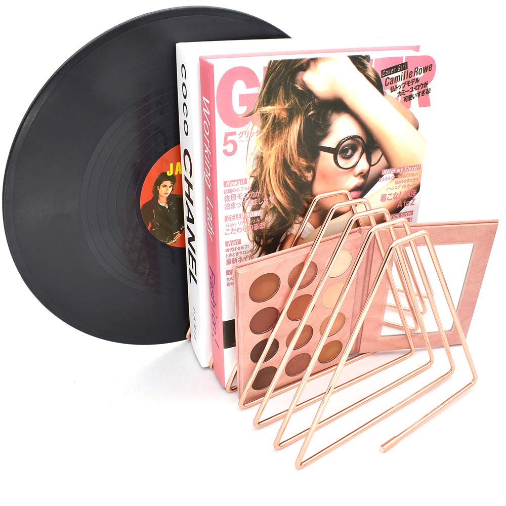 Adjustable 7-Slot Triangle Metal Wire Magazine File Holder - Rose Gold Book Organizer Rack for Office, Vinyl Records & Home Decor | Perfect for Desk Organization, Magazine Storage & Decorative Display