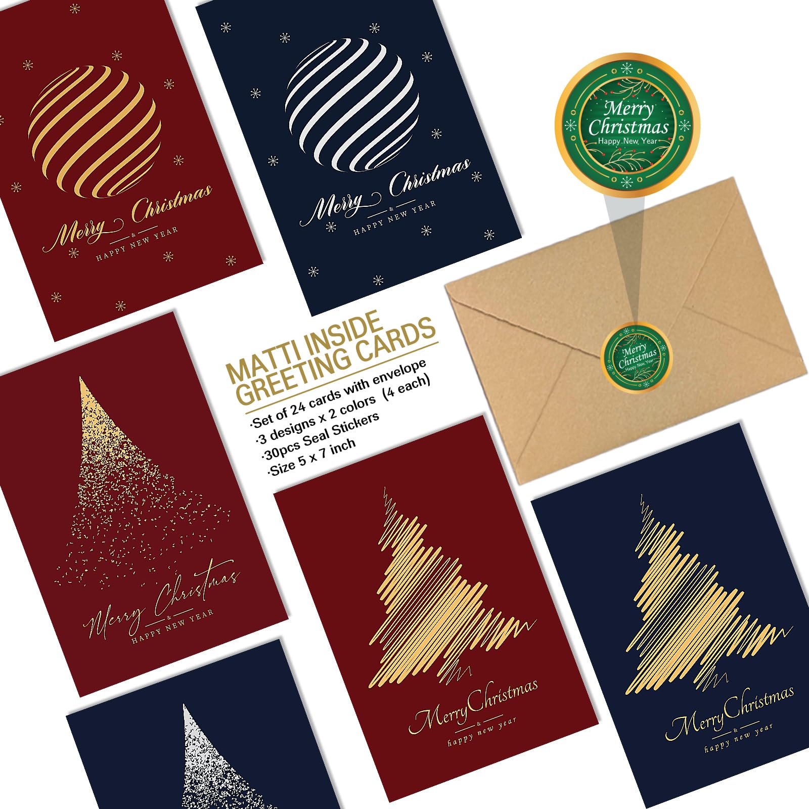Premium 24-Pack Gold Foil Christmas Cards with Envelopes (5x7 Inch) - Bulk Holiday Greeting Cards for Business, Coworkers & Friends - Perfect for Office Gifts, Client Appreciation & Festive Celebrations