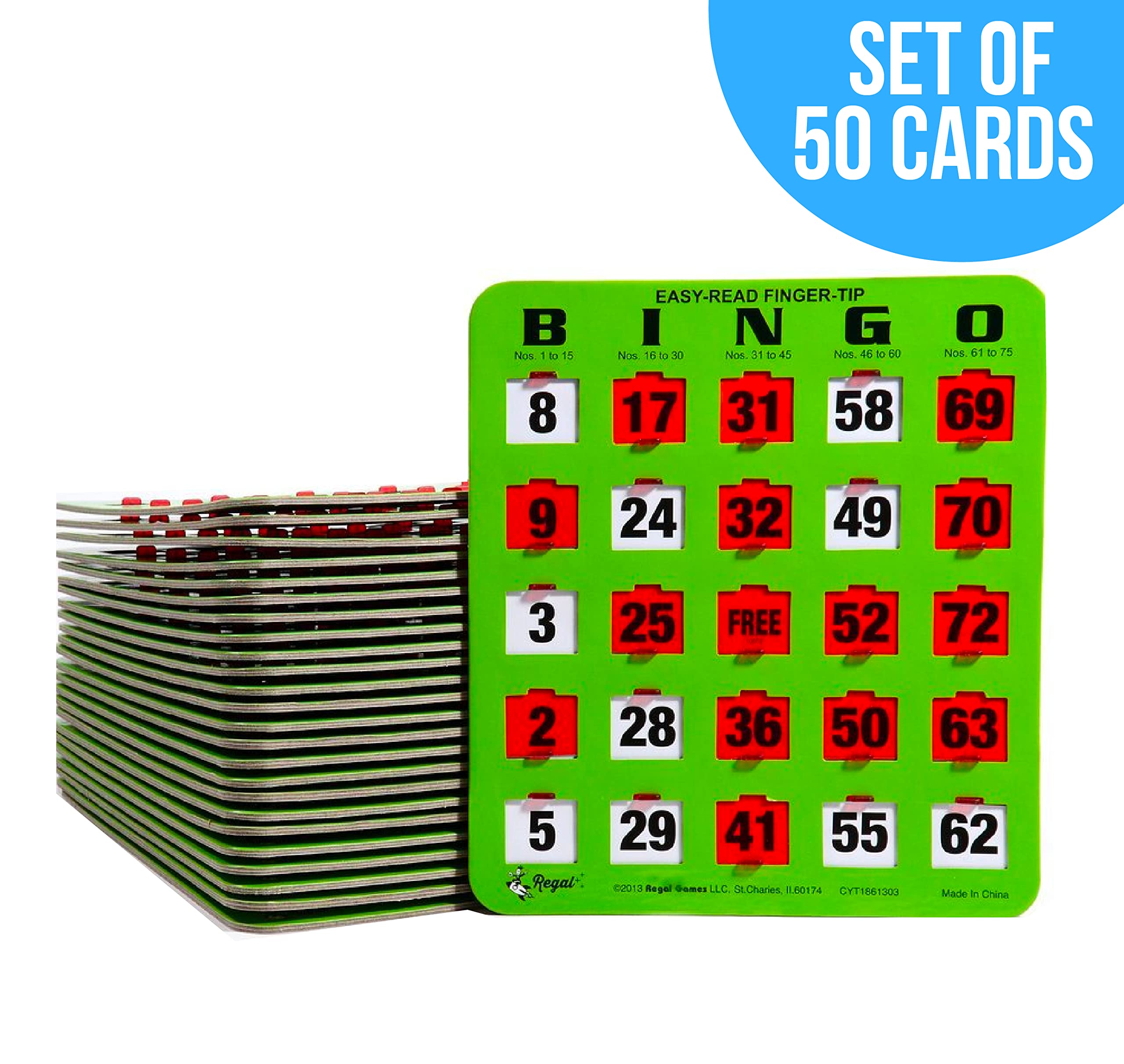 Regal Bingo - Shutter Slide Bingo Cards - 8” x 9” - 5-Ply Green Cardstock - Easy to Read Numbers - No Duplicate Cards - Red Sliding Windows - Perfect for Large Groups & Bulk Purchasing - Ideal for Bingo Nights, Fundraisers, Family Game Nights & Senior Activities