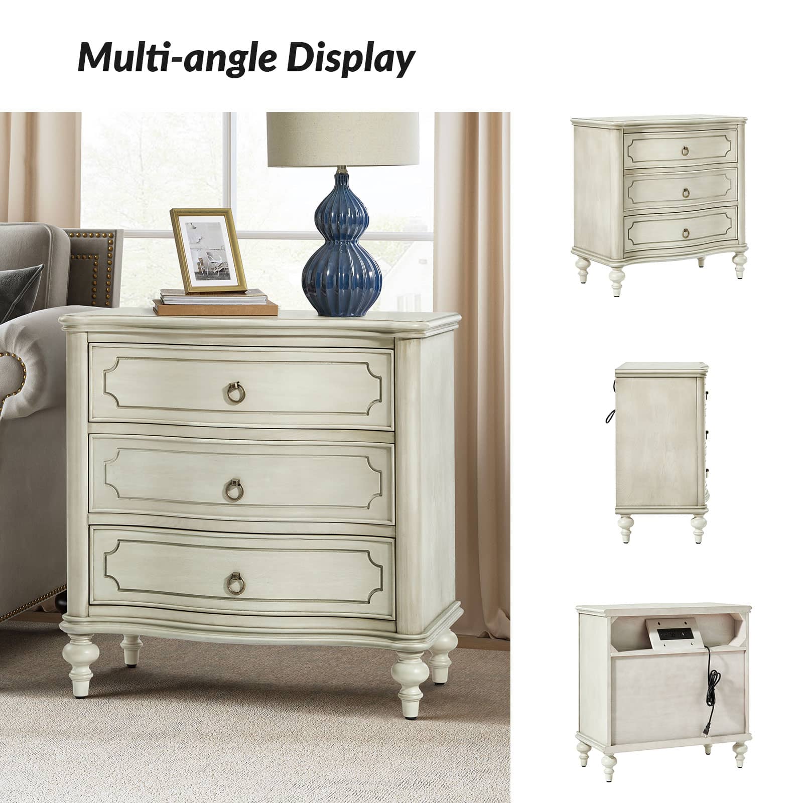 Bernhard 3 Drawer Traditional Nightstand with USB Outlets - Solid Wood Bedside Table for Bedroom, Living Room & Office - Charging Station & Storage Cabinet