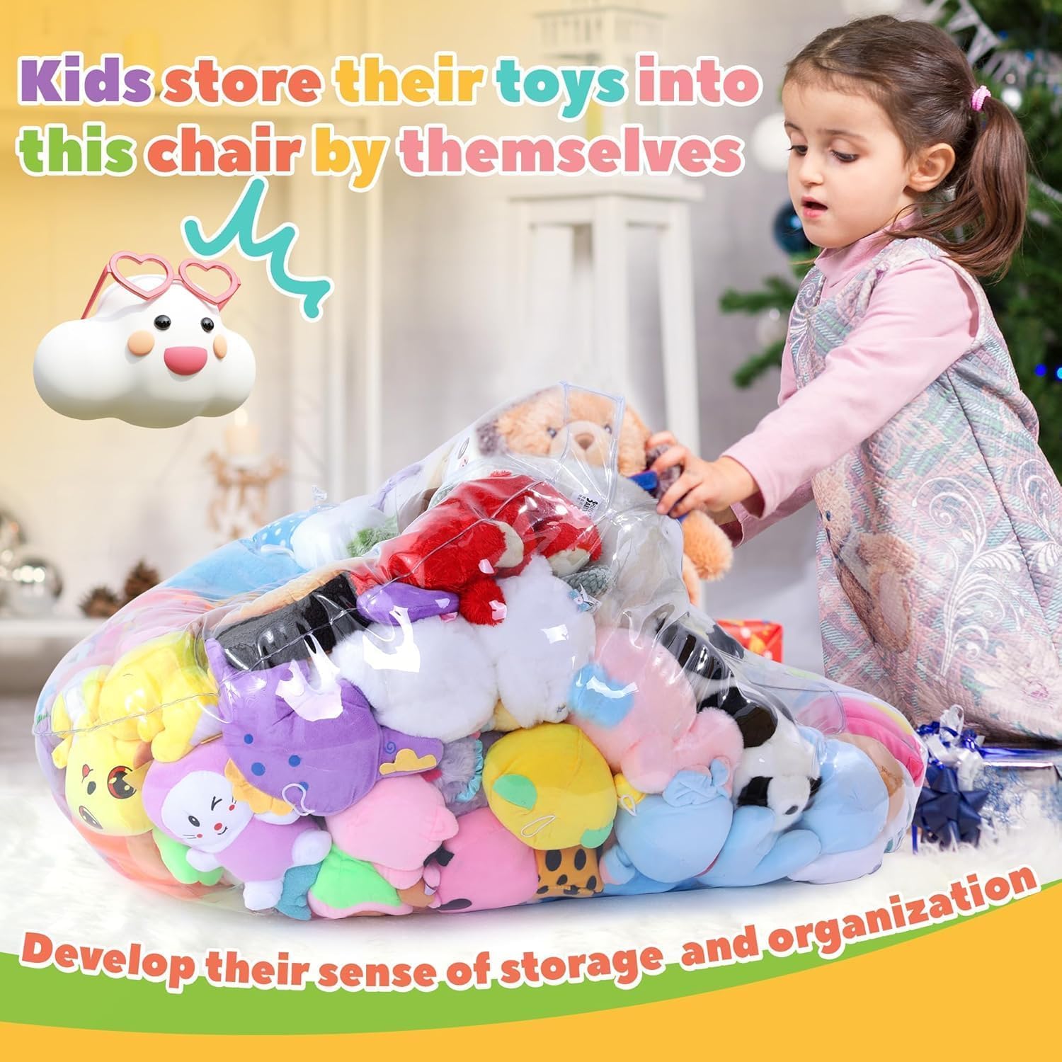 HOMBYS Clear Waterproof Bean Bag Chair Cover for Kids - Extra Large Stuffed Animal Storage Organizer with Zipper, Easy to Clean - Perfect for Playrooms, Bedrooms & Toy Organization