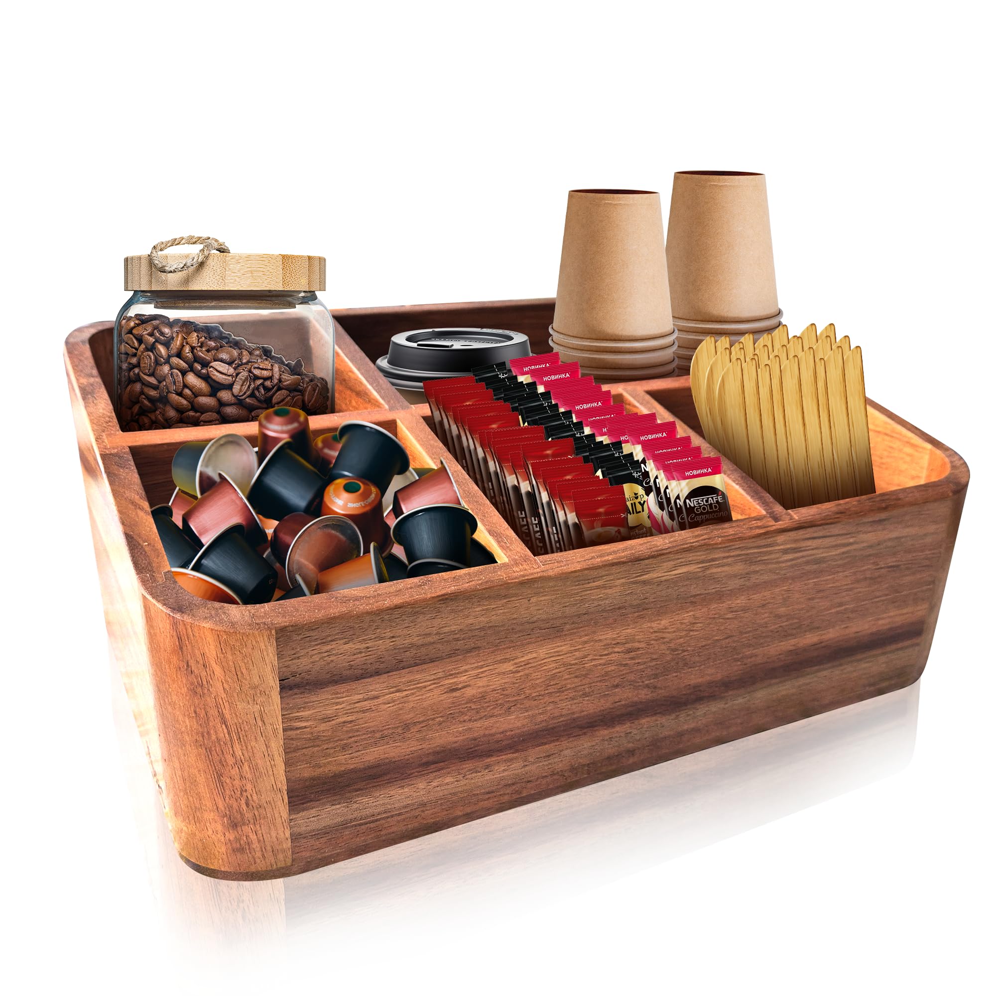 Acacia Wood Coffee Station Organizer - Countertop Coffee & Tea Bar Caddy with Holder for Coffee Accessories - Perfect for Home Kitchen & Office Decor - Ideal for Espresso Machines, Mugs, and Sugar Jars