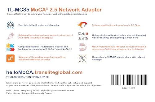 MoCA 2.5 Adapter with Dual Ethernet Ports (2.5Gbps + 1Gbps) - Ethernet Over Coaxial Converter Kit (2-Pack) - Model TL-MC85 - Perfect for Home Theater, Gaming & High-Speed Internet Setup