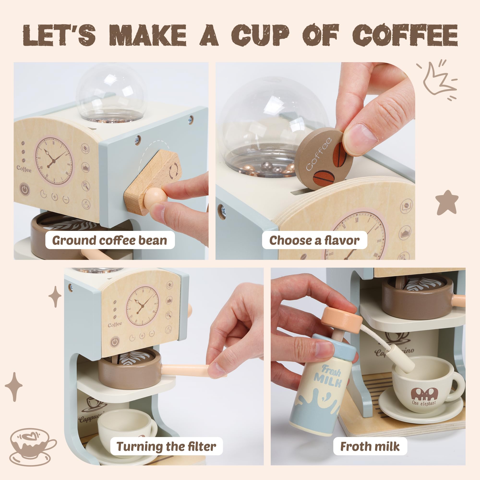**Wooden Toy Coffee Maker for Kids - Pretend Play Kitchen Set with Coffee Shop Accessories & Toy Desserts - Educational Role Play Toys for Toddlers, Girls & Boys - Perfect for Home, Classroom & Playdates**