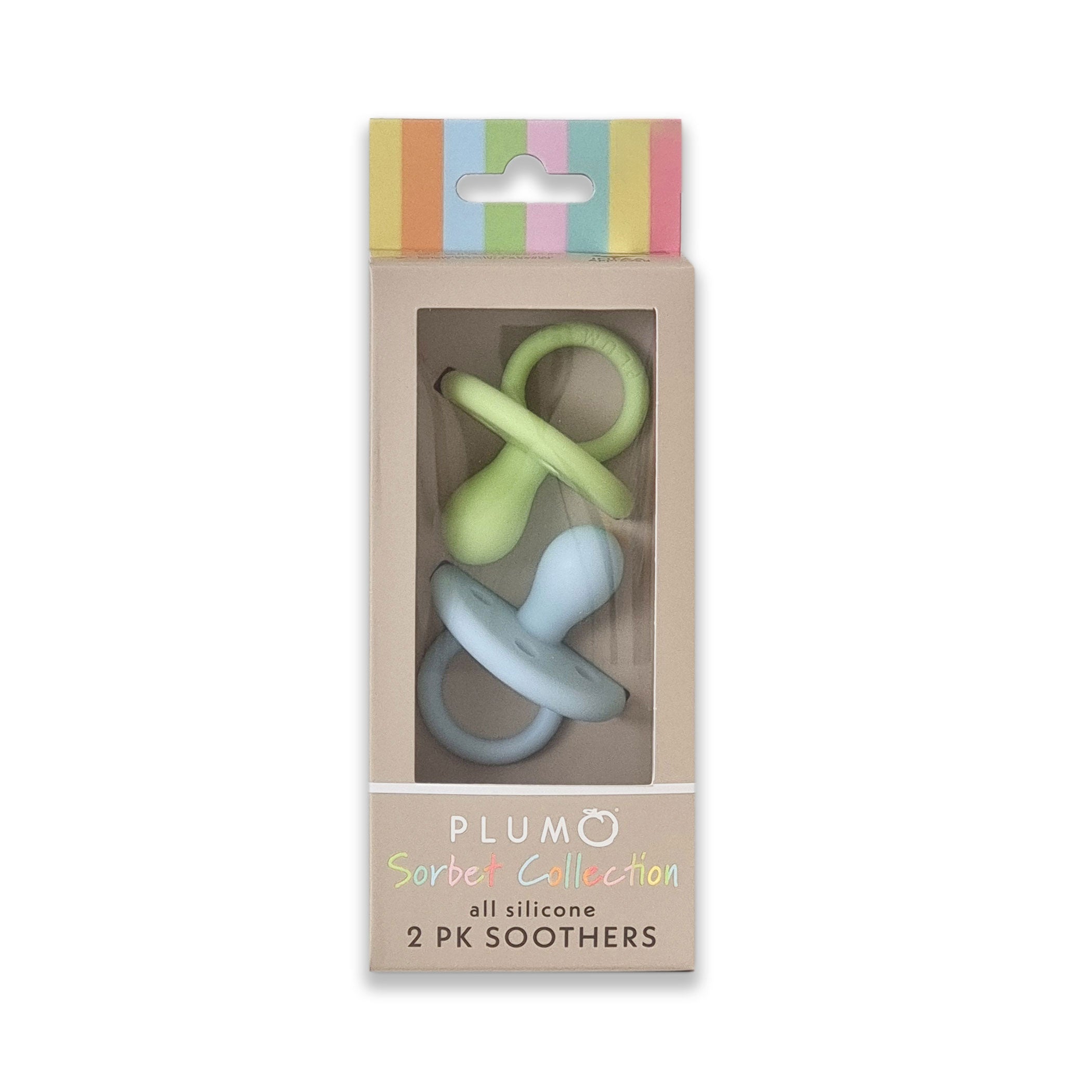 PLUM 2-Pack Silicone Baby Soothers - Kiwi & Blueberry Flavored Pacifiers for Newborns & Infants - BPA-Free, Soft & Safe for Teething Relief - Perfect for Daycare, Travel & Soothing Fussy Babies