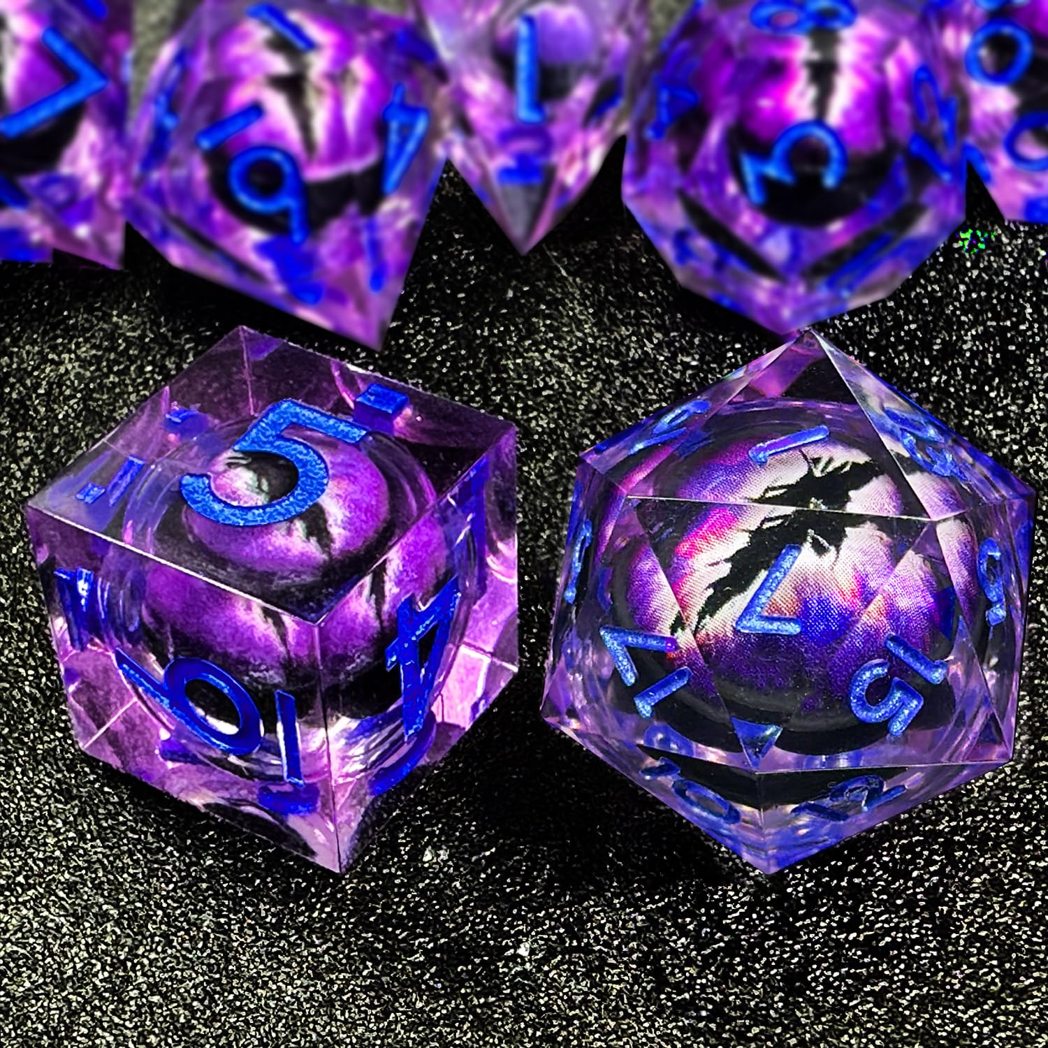 HAOMEJA 7-Piece Resin Dragon Eye DND Dice Set - Sharp Edge Polyhedral RPG Dice for Dungeons & Dragons (D20, D12, D10, D100, D8, D6, D4) with Storage Bag - Perfect for Tabletop Gaming, D&D Campaigns & Fantasy Roleplaying (Purple & Eye Purple)