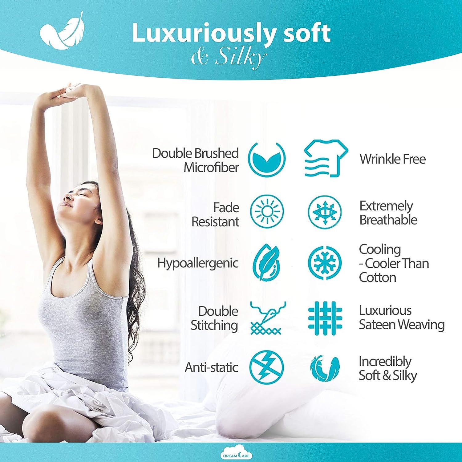 DREAMCARE Twin XL Fitted Sheet - Extra Deep Pocket 21 Inch Mattress Cover - OEKO-TEX Certified Luxury Hotel Quality Bed Sheet - Soft Breathable Fabric (Light Blue) - Perfect for Guest Rooms, Dorms & Deep Mattresses