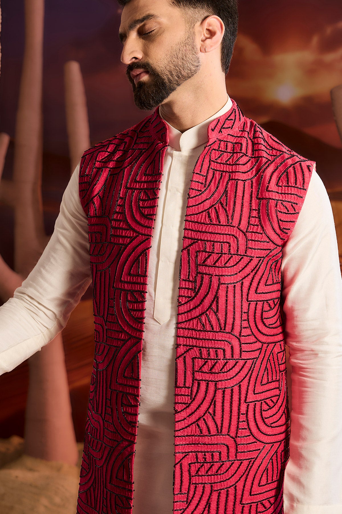 Elegant Hot Pink Geometric Embroidered Long Open Shrug - Perfect for Weddings, Parties & Evening Events