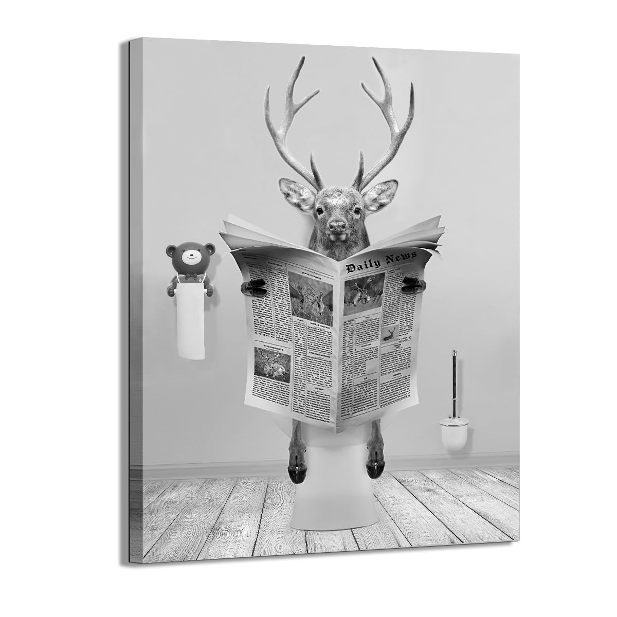 Funny Black and White Deer Canvas Wall Art - Humorous Bathroom Decor with Printed Country Farmhouse Style - Ready to Hang Framed Picture - Perfect for Bathroom, Living Room or Farmhouse Decor