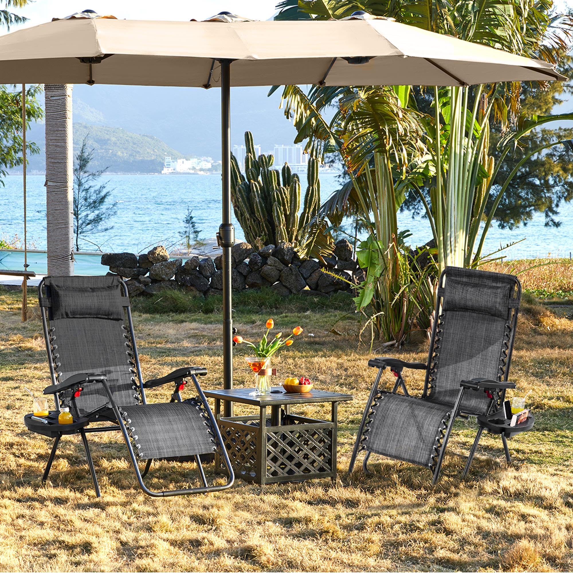 Yaheetech 29 Inch Zero Gravity Chair with Pillow, Cup Holder & Carry Strap - Adjustable Foldable Recliner for Outdoor, Patio, Lawn, Poolside & Beach - Gray (Set of 2) - Perfect for Relaxing, Sunbathing and Backyard Lounging
