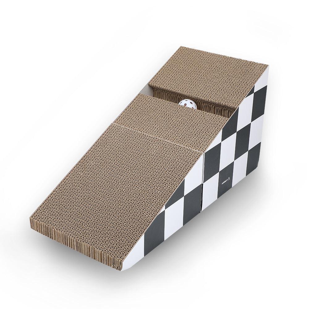 Durable Cat Scratching Board with Ball - 2-in-1 Triangle Cardboard Scratcher & Lounge Bed for Cats - Multiple Scratching Angles, Recyclable Furniture Protector (Black & White) - Perfect for Indoor Play & Sofa Protection