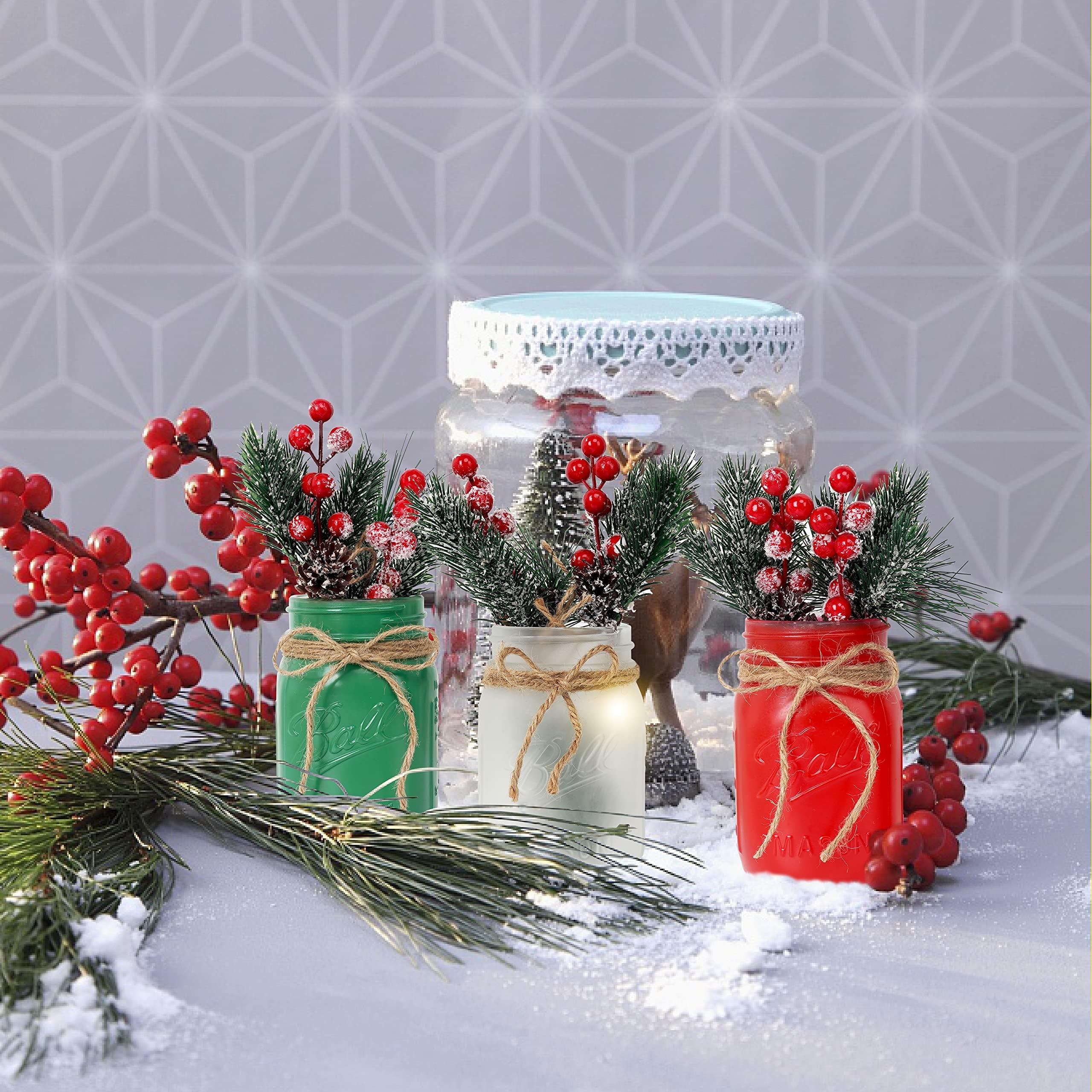 CNVOILA Christmas Mason Jar Centerpieces – 3PC Set of Holiday Table Decorations, Festive Mantle & Coffee Table Decor for Home, Party, Wedding | Bulk Christmas Decorations for Dining Table, Fireplace, and Seasonal Celebrations