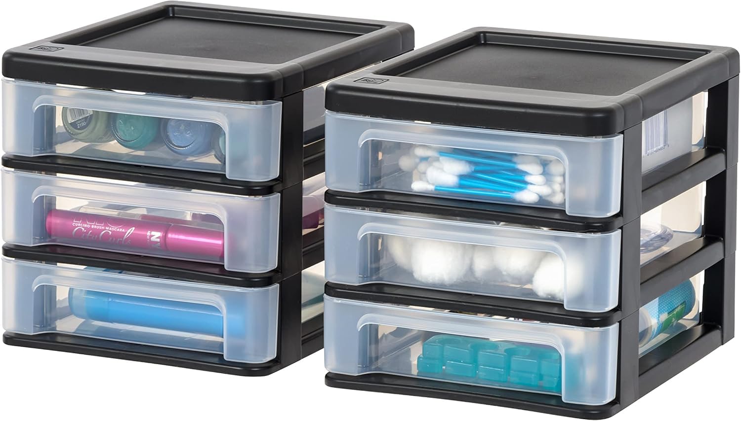 IRIS USA Plastic Stacking Desk Top 3-Drawer Storage Organizer, 2-Pack - Black Small Drawer Organizer for Makeup, Nail Polish, Stationery, Craft Supplies | Perfect for Bathroom, Office, Kitchen, Garage & Vanity Organization
