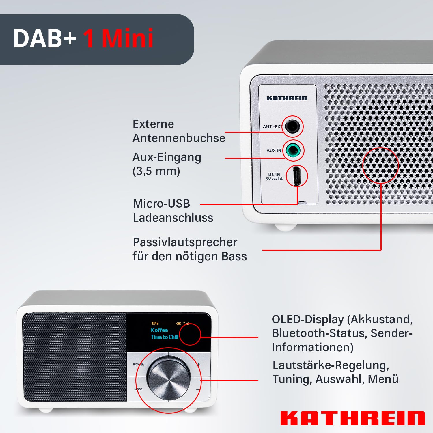 Kathrein Dab+1 Mini Silver - Portable Dab+/FM Radio with OLED Screen, Bluetooth Connectivity for Home & Travel | Perfect for Kitchen, Office, and Outdoor Use