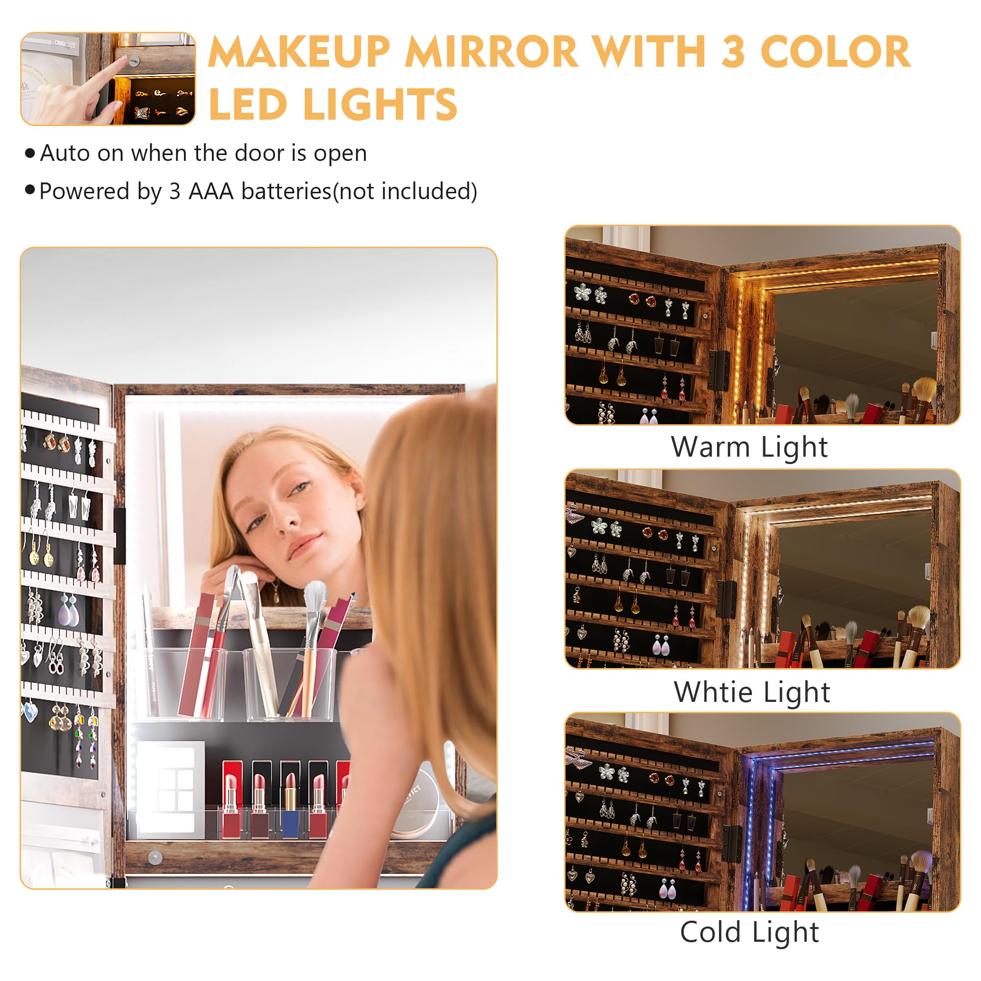 Lvifur 360° Swivel Jewelry Cabinet with 3 Color Dimmable LED Lights, Full Length Mirror & Jewelry Storage Organizer, Standing Jewelry Armoire with Rear Shelves - Perfect for Bedroom, Closet & Dressing Room (Brown)