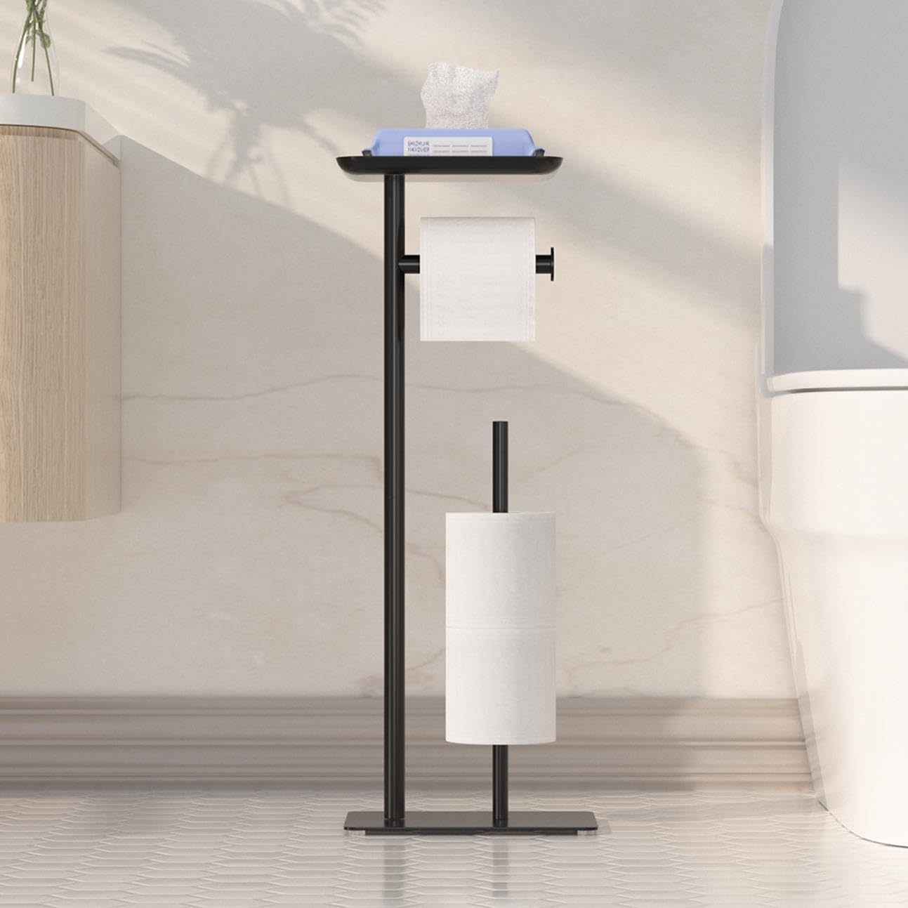 Free Standing Toilet Paper Holder Stand with Storage Shelf - Bathroom Tissue Roll Dispenser Holds 4 Spare Rolls - Perfect for Home, Office & RV Bathroom Organization