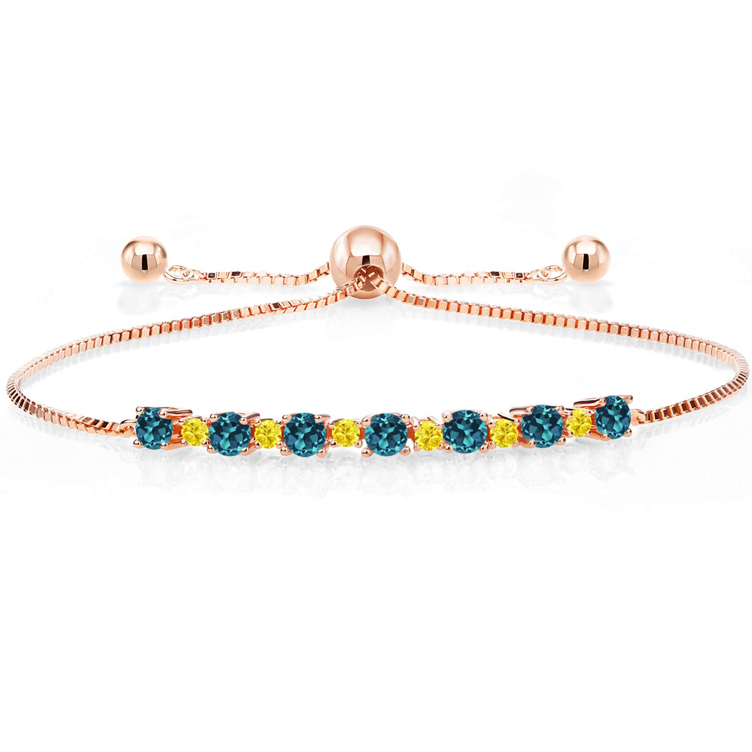 1.21 Ct London Blue Topaz & Yellow Created Sapphire 18K Rose Gold Plated Silver Adjustable Tennis Bracelet for Women - 7-9 Inch | Elegant Jewelry Gift for Anniversary, Birthday & Special Occasions