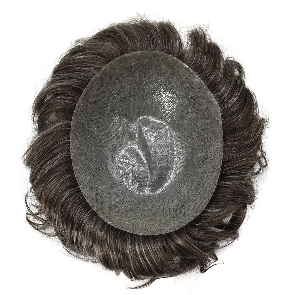 Men's Toupee Hair System - 0.1-0.12mm PU Base with European Remy Human Hair - Natural Looking Hair Replacement for Thinning Hair - 7x9 Size in #230#2 Dark Brown with 30% Synthetic Grey (120% Density) - Perfect for Daily Wear, Special Occasions & Confidence Boosting