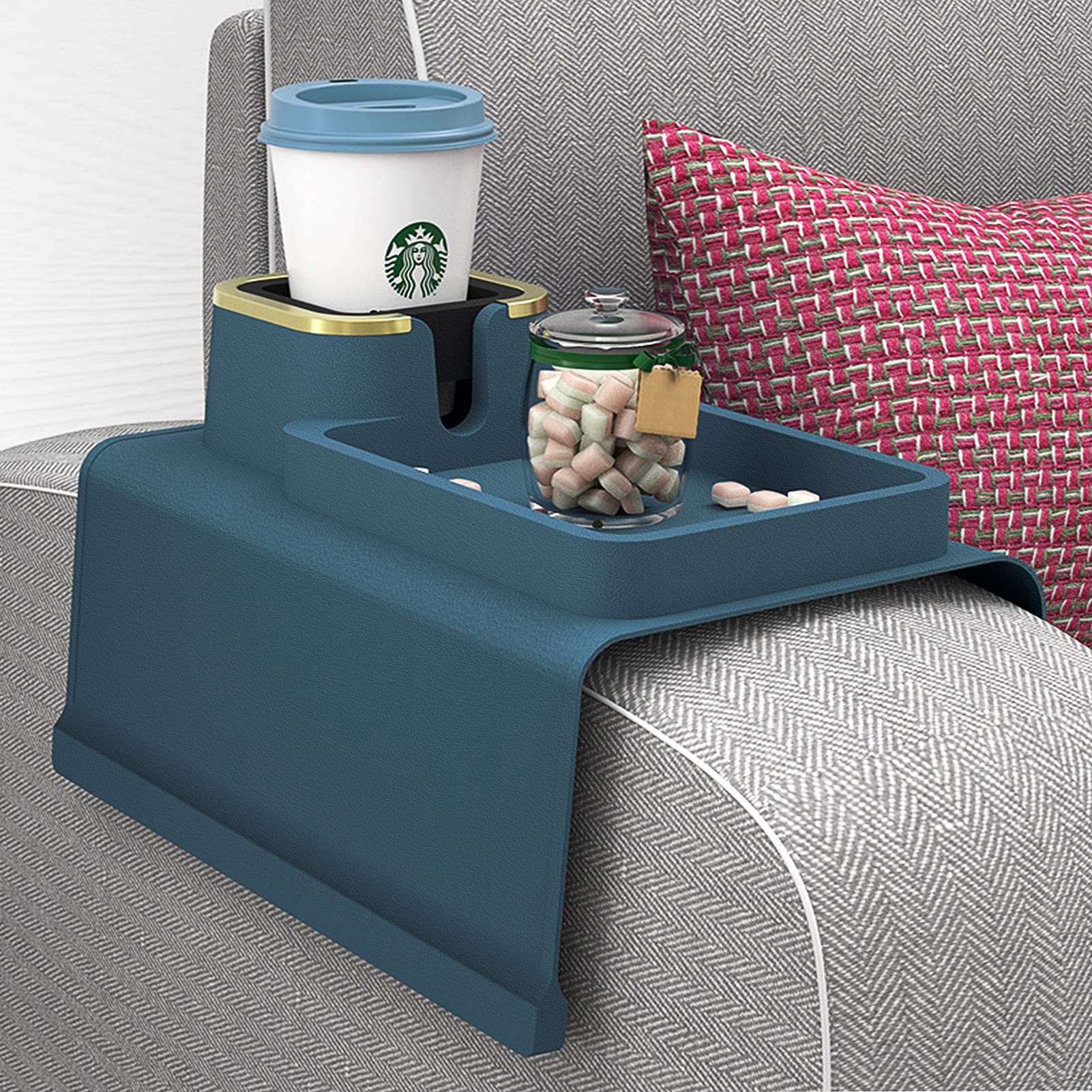 Non-Slip Silicone Armrest Cup Holder Tray - Spill-Proof Sofa Couch Tray with Phone & Remote Holder - Perfect for Armchairs, Recliners & Couches - Great for Movie Nights, Gaming & Relaxing (Blue)