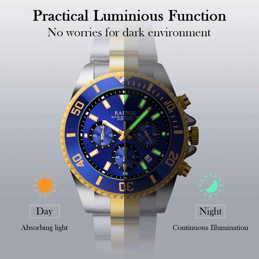 RAIDOX Men's Chronograph Waterproof Watch - Stainless Steel Analog Quartz Wristwatch with Date Display | Fashion Casual Timepiece for Business, Travel & Everyday Wear