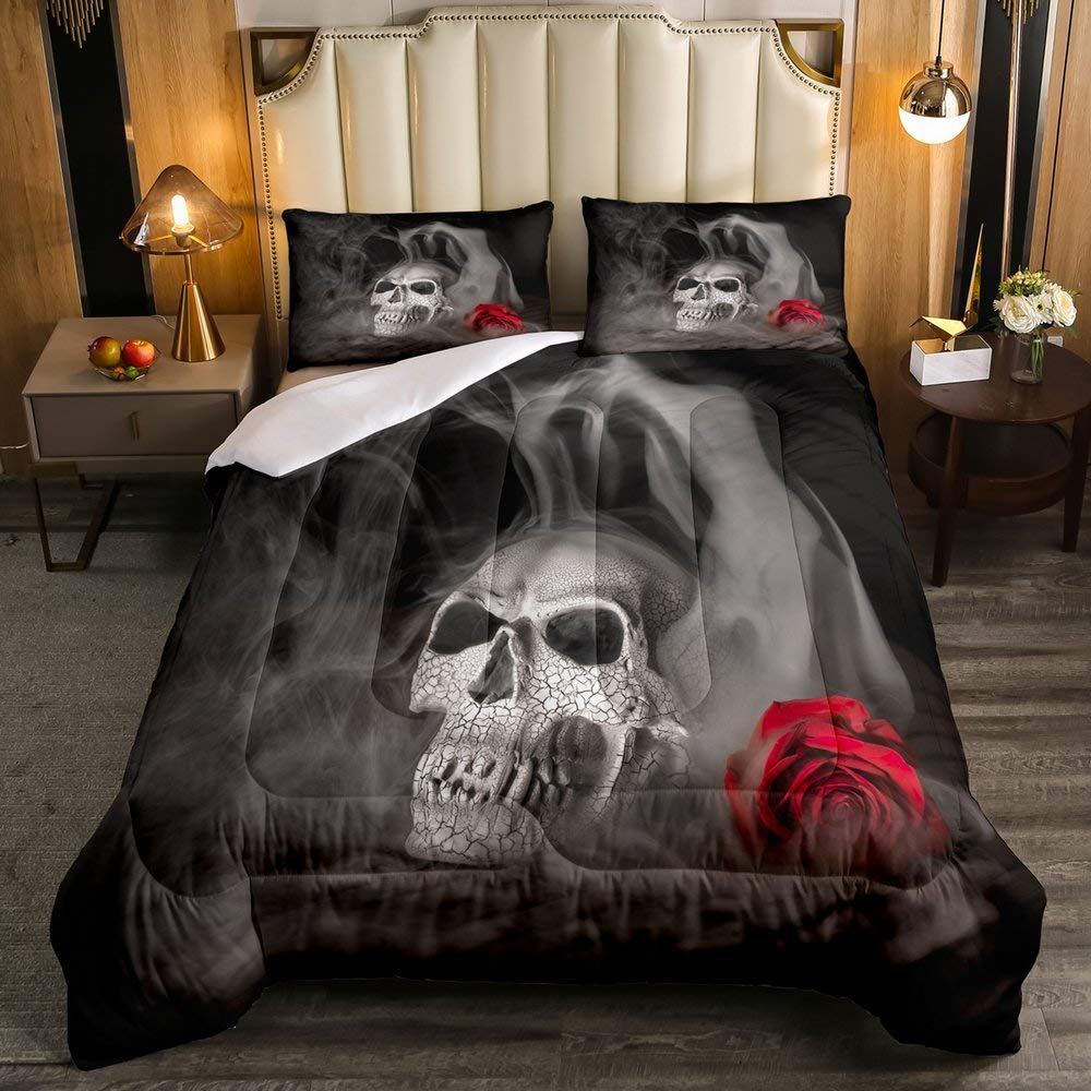 Erosebridal Sugar Skull Gothic Comforter Set - Super Soft Twin Size Down Alternative Duvet Cover with Roses for Couples, Halloween Bedding in Grey & Black | Perfect for Gothic Home Decor, Horror Theme Bedrooms & Spooky Seasonal Decorations