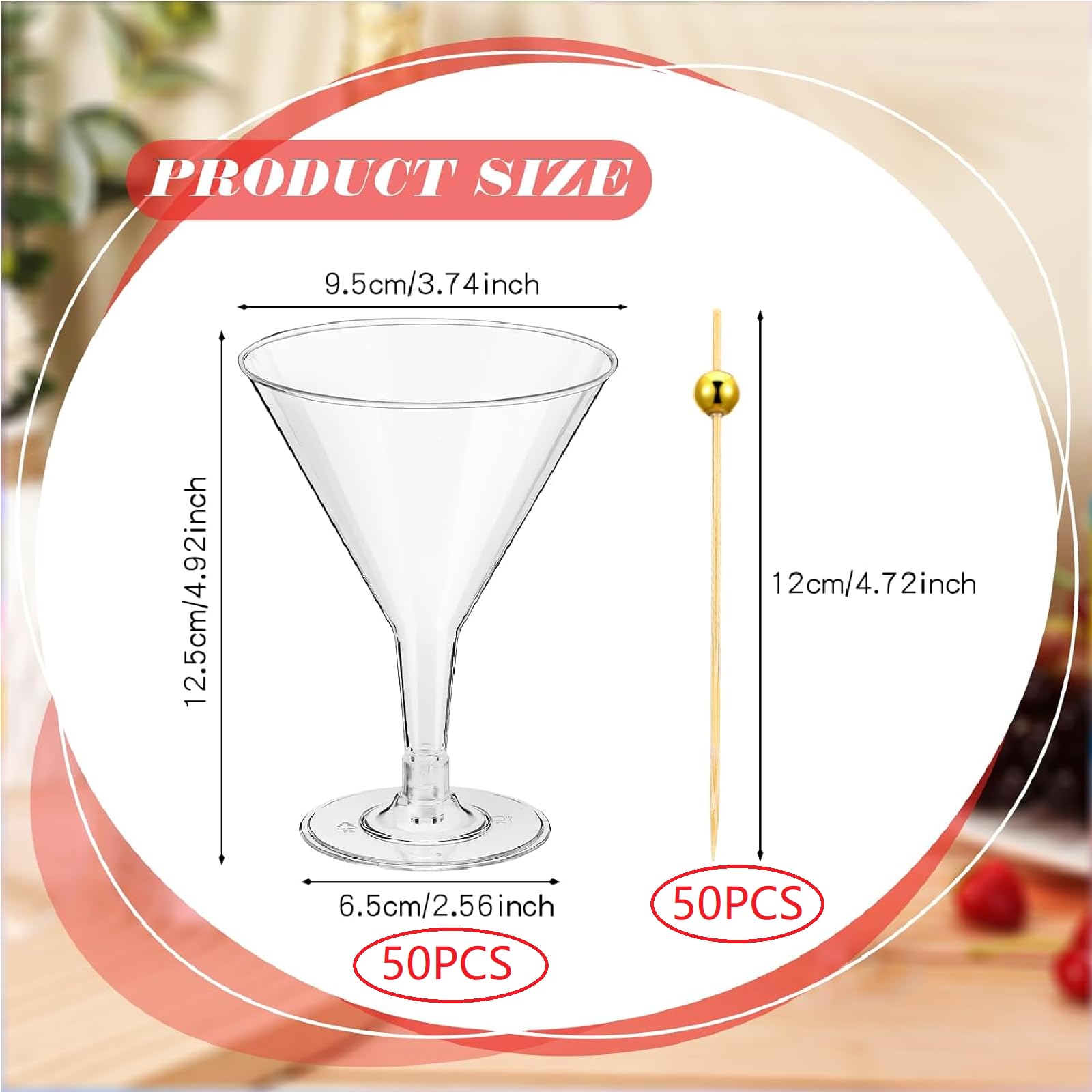 Disposable Clear Plastic Martini Glasses with Gold Pearl Cocktail Picks - 100-Piece 7oz Set for Weddings, Parties & Events - Perfect for Cocktails, Wine, Desserts & Appetizers