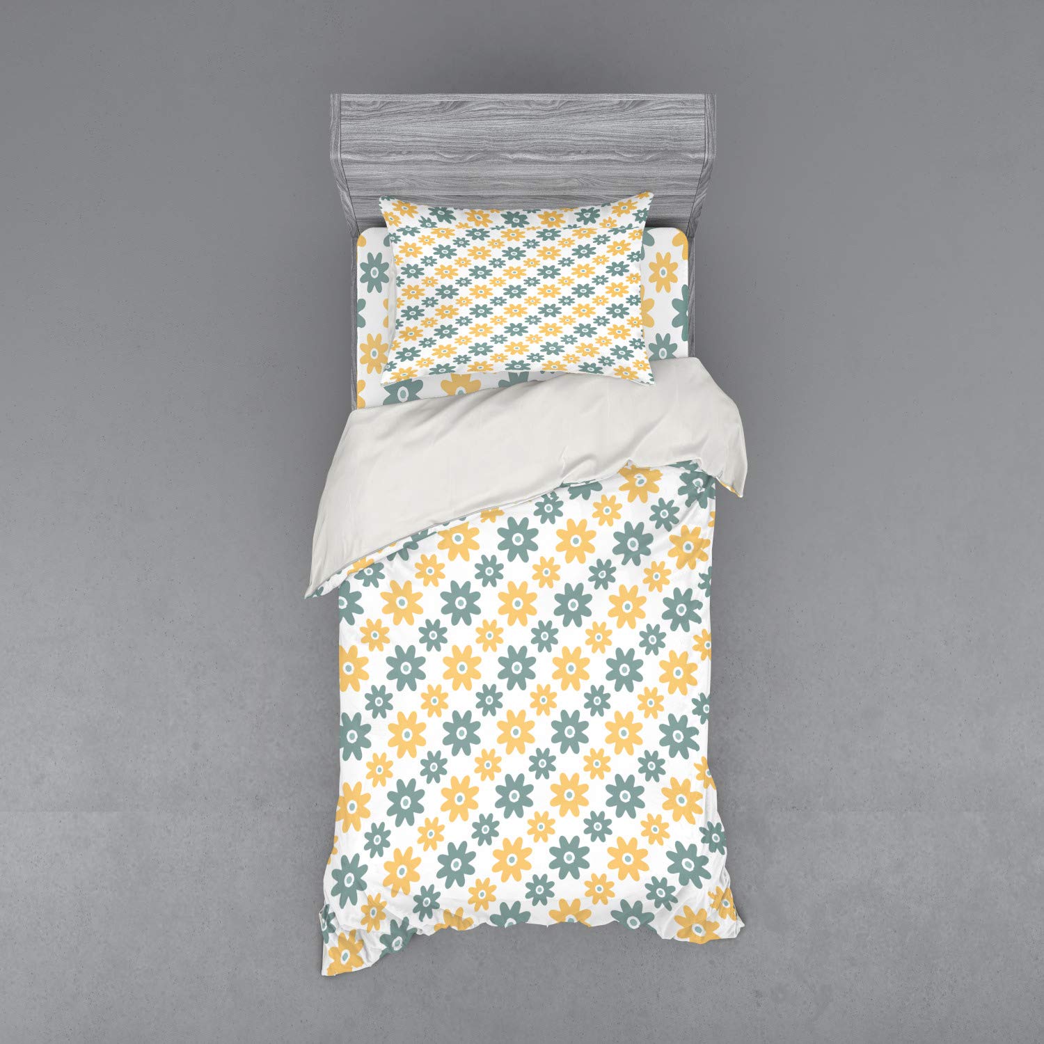 Ambesonne Garden Duvet Cover Set - Vibrant Wildflowers & Daisies Retro Spring Nature Print, 3-Piece Bedding Set with Sham & Fitted Sheet, Twin XL Size in Almond Green Apricot Mustard | Perfect for Spring Bedroom Decor, Guest Room Makeover & Boho Chic Home Styling